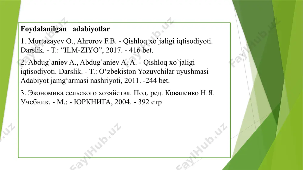 hakana savdoga chiqarib sotish hamda yirik yoki boshqa supermarketlarga ularning talablariga ko‗ra, ulgurji holatda yetkazib berish, yosh avlodga milliy mahsulotlarga nisbatan qiziqishini oshirishda trening darslarini uyushtirish, qishloq hududlarini rivojlantirish dasturlari tajribalarini qo‗llash kabilar bilan shug‗ullanadi. anseong qishloq xo‗jalik logistika markazining qishloq xo‗jalik mahsulotlarini: fermer – markaz – magazin tizimida sotib olish va sotishni amalga oshiradi, iste‘molchilar uchun qulay holatda mahsulotga aylantirish: yuvish, yarim tayyor mahsulotlar, qadoqlash, mahsulotlarni sotib olish va sotishdagi ustama xarajatlarni past darajada belgilaydi. ushbi tajribalar asosida o‗zbekistonda bu kabi logistika markazlarini qishloq xo‗jaligini 320 rivojlantirishning keyingi bosqichlarida, asosan avtomobil va temir yo‗llarga yaqin joyda qurish mumkin. e’tiboringiz uchun tashakkur!!! image1.jpeg image2.jpg image3.jpg image4.jpg image5.jpg image6.jpg image7.jpg image8.jpg image9.jpeg image10.jpg image11.jpg image12.jpeg image13.jpg image14.jpg image15.jpg image16.jpg image17.jpg image18.jpg image19.jpg image20.jpg image21.jpg image22.jpg image23.jpg image24.jpg image25.jpg image26.png image27.png /docprops/thumbnail.jpeg