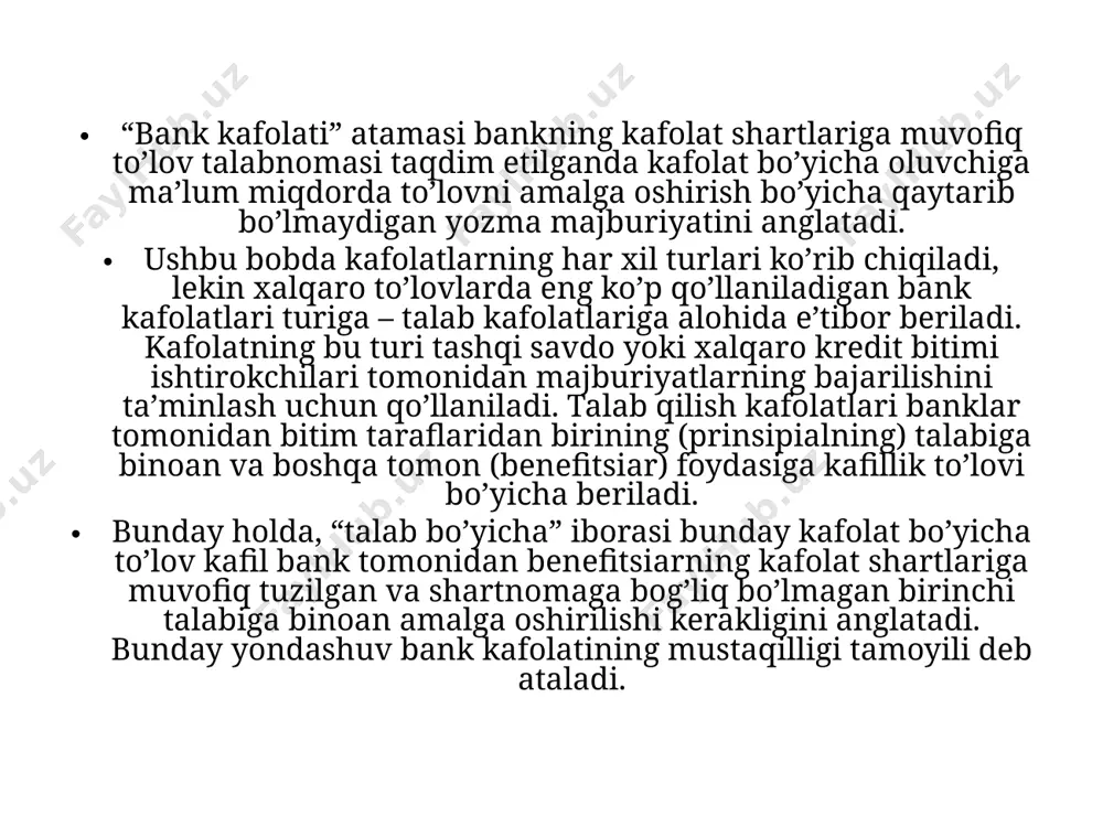 k bilan prinsipialning yetarlicha barqaror moliyaviy holatini va natijada uning asosiy bitim bo’yicha o’z majburiyatlarini bajarish qobiliyatini ko’rsatishi mumkin; • himoya funksiyasi – tomonlarni xavf-xatarlardan himoya qilishni ta’minlaydi. ushbu funksiya bank kafolati mexanizmi mavjud bo’lmaganda amalga oshirilishi kerak. kafolat bitimlarida quyidagi atamalar qo’llaniladi. prinsipial (758-qoidada talabnoma beruvchi deb yuritiladi) kafolatda ko’rsatilgan, asosiy bitim bo’yicha majburiyati kafolat bilan ta’minlangan tomon hisoblanadi. benefitsiar - bu bitimning sotuvchi (eksportyor) tomoni bo’lib, uning foydasiga kafolat beriladi. kafil bank - bu o'z mablag'lari hisobidan harakat qiladigan, kafolat beruvchi bank. maslahatchi bank - kafilning iltimosiga binoan kafolat bo’yicha maslahat beruvchi bank. ariza - kafolat berish to'g'risidagi so'rov. xalqaro bank kafolati bo'yicha majburiyatlarni taqdim etish va bajarish tartibi odatda quyidagicha amalga oshiriladi: 1. ariza beruvchidan kafolat sifatida bank kafolatini taqdim etishni talab qiladigan tashqi savdo shartnomasi yoki xalqaro kredit shartnomasi (asosiy majburiyat) tuzilishi. agar 758-qoidalar bunday kafolat uchun asosiy me'yoriy hujjat sifatida tanlangan bo'lsa, yuqorida aytib o'tilganidek, …
