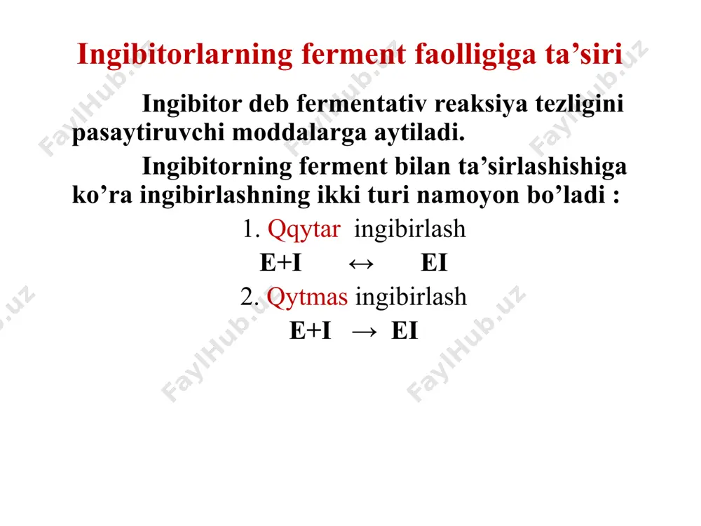 larning yetishmasligi, ovqat ratsionida оzgarishlar). fermentativ jarayonlarning xujayra ichidagi sodir bоlishining buzilishi. etiologik omil  ferment sistemalari ishining buzilishi  metabolik yоllarning bloklanishi  kasallikning rivojlanishi lizosomal kasalliklar lizosomal fermentlarning yetishmasligi yoki kam sintezlanishi natijasida vujudga keladi: glikogenoz 1.4-glyukozidaza fermentining yetishmasligi natijasida, farbi kasalligi - alfa-galaktozidaza fermentining yоqligidan va boshqalar). enzimodiagnostika giperfermentemiya (gen ekspressiyasi, sitoliz) gipofermentemiya (gen ingibitsiyasi) disfermentemiya xozirgi vaqtda fermentativ analiz avtomatlashtirilgan va maxsus apparatlarda оtkaziladi. bunday apparatlarga «texnikon», «lab-sistema» va boshqalar kirib ish kuni davomida 200 gacha tekshiruvlarni оtkazish mumkin. misollar оtkir gepatitlar asat i alatlarnin faolligi oshishi bilan xarakterlanadi. mexanik (obturatsion) sariqlik uchun ishqoriy fosfataza, aminotransferazalar faolligining oshishi xosdir. yurak infarkt miokardi uchun ldg1, asat, izotsitrat-dg, 1,6-fruktozo-difosfataldolaza va kreatinkinazaning mv fraksiyasi faolligining oshishi xarakterlidir. adenaza fermentining faolligi trombotsitlarda aniqlanadi. ushbu ferment soglom odamlar trombotsitida bоlmaydi va faqat leykozdagina paydo bоladi. enzimoterapiya - fermentlardan kasalliklarni davolashda foydalanish oshqozon-ichak yоlida tegishli bezlardan fermentlar kam ishlab chiqarilganda (pepsin, pankreatin, …