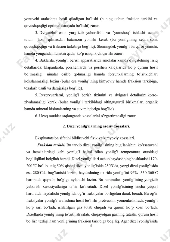 alari haraktlanganda bir-biriga ko’rsatadigan qarshilikka aytiladi. dizelli dvigatellar uchun yonilg’ining qovushqoqligi katta axmiyatga ega. suyuqlikning ichki xossalarini belgilaydigan absolyut qovushqoqlik va shartli(mavxum qiymatga ega bo’lgan) qovushqoqlikga bo’ladi. absolyut qovushqoqlik, o’z navbatida, dinamik qovushqoqlik va kinematik qovushqoqlikka bo’linadi. dinamik qovushqoqlik -puazda (p, o’lchamligi gsm/s) o’lchanadigan ichki ishqalanish koyeffitsiyentidir. puaz - yuzasi 1 sm2 bo’lgan bir-biridan 1 sm masofada turuvchi ikkita suyuqlik qatlamining 1 dina(gsm/s2)ga teng tashqi kuch ta’sirida 1 sm/s tezlikda o’zaro harakatlanishiga bo’ladigan qarshilikdir. neft maxsulotlarining xossalarini baholashda, odatda kinematik qovushqoqlik - ichki ishqalanishning solishtirma koyeffitsiyenti ko’rib chiqiladi. kinematik qovushqoqlik va dinamik qovushqoqlik o’zaro bog’liq ∕ , ya’ni bir xil haroratdagi dinamik qovushqoqlik () ning suyuqlik zichligi ga nis-batiga teng. kinematik qovushqoqlik stoks (st) yoki undan 100 marta kichik bo’lgan birlik – santistoksda (sst) o’lchanadi. si sistemasida kinematik qovushqoqlik m2/s da o’lchalanadi, kgms kgm3 ya’ni kgms kgm3kgm3mskgm2s 1st10-4 m2s 1sst10-6m2s dizel yonilg’isi uchun 200c haroratdagi qovushqoqlik meyorlanadi, turli markadagi yonilg’ilar …