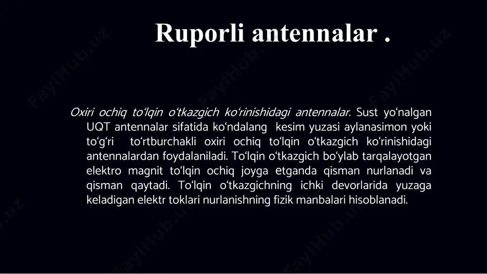 ilish yuzasidagi maydonning amplituda taqsimotini chiziqliga yaqin qilishning murakkabligi; ayrim xollarda antenna gabarit o‘lchamlarining kattaligini kiritish mumkin. shuning uchun, bir ko‘zguli antennalar bilan bir qatorda, yuqoridagi kamchiliklar to‘la bartaraf qilingan yoki kamko‘rinadigan etuvchi ikki ko‘zguli antennalar ishlab chiqilgan. ikki ko‘zguli antennalar (a – kassegren antennasi, b – gregori antennasi) ko‘zguli antennalarning nurlatgichlari. ko‘zguli antennalarning nurlatgichlari sifatida bir taraflama nurlanish(ko‘zgu tomonga) xossasiga ega bo‘lgan sust yo‘nalgan antennalar qo‘llaniladi. nurlatgichning faza markazi ko‘zguning fokusi bilan mos tushadi. agar nurlatgich aniq belgilangan faza markaziga ega bo‘lmasa, misol uchun piramidal rupor kabi, u holda bunday nurlatgichning parabolik ko‘zgu fokusiga nisbatan joylashishi tajribaviy tanlanadi. nurlatgichning yo‘nalganlik diagrammasi ko‘zgu chekkalaridan energiya oqib chiqishining minimal qiymatida, ko‘zgu ochilish yuzasida talab etilgan amplituda taqsimlanishini ta’minlashi, imkoni boricha o‘q bo‘yicha simmetrik bo‘lishi hamda yon va orqa yaproqlar sathi minimal darajada bo‘lishi kerak. parabolik antennaning diapazonlilik xossalari asosan nurlatgichga va ko‘zguning nurlatgichga reaksiyasiga bog‘liq, shuning uchun undan moslashganlik bo‘yicha ham, …