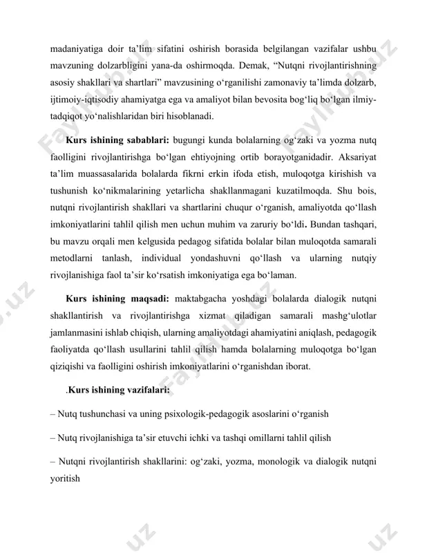 , ularning amaliyotdagi ahamiyatini aniqlash, pedagogik faoliyatda qo‘llash usullarini tahlil qilish hamda bolalarning muloqotga bo‘lgan qiziqishi va faolligini oshirish imkoniyatlarini o‘rganishdan iborat. .kurs ishining vazifalari: – nutq tushunchasi va uning psixologik-pedagogik asoslarini o‘rganish – nutq rivojlanishiga ta’sir etuvchi ichki va tashqi omillarni tahlil qilish – nutqni rivojlantirish shakllarini: og‘zaki, yozma, monologik va dialogik nutqni yoritish – zamonaviy ta’limda qo‘llanilayotgan nutqni rivojlantirish metodlarini o‘rganish – bolalar nutqini rivojlantirishda pedagogik sharoitlarning rolini aniqlash – nutqiy faoliyatni samarali tashkil etish yo‘llarini ko‘rsatish – amaliy misollar asosida nutqni rivojlantirishda foydalaniladigan yondashuvlarni tavsiflash – o‘rganilgan nazariy va amaliy materiallar asosida xulosalar chiqarish va takliflar ishlab chiqish kurs ishining ob’ekti: maktabgacha va boshlang‘ich yoshdagi bolalarning nutqiy rivojlanish jarayoni. kurs ishining tarkibiy tuzilishi: kurs ishi kirish, uchta asosiy bob, har bir bob bo‘limlardan iborat, xulosa, foydalanilgan adabiyotlar ro‘yxatidan tashkil topgan. i bob. nutqning pedagogik-psixologik asoslari 1.1. nutq tushunchasi va uning psixologik xususiyatlari nutq — inson tafakkuri va …