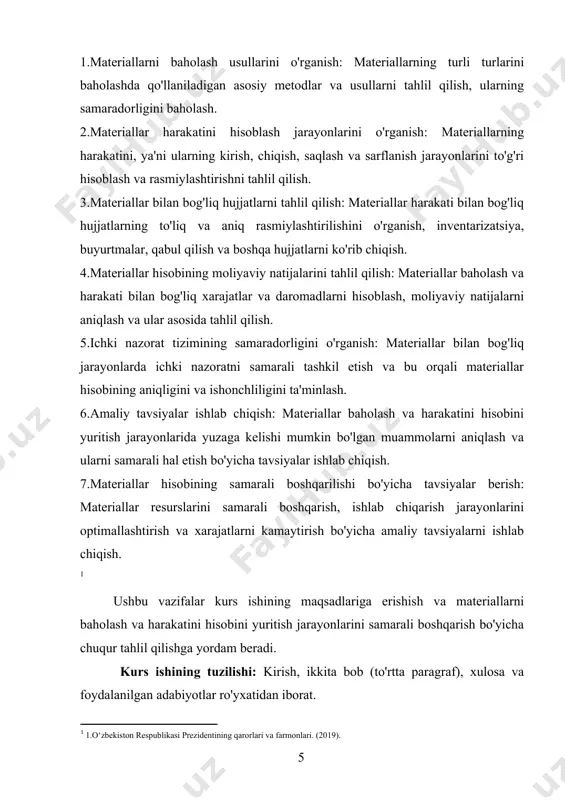 buxgalteriya hisobining axborotlari materiallardan ratsional foydalanish, xarajat normalarini kamaytirish, materiallarni oqilona saqlash va ularni butligini ta’minlash yo’li bilan mahsulot tannarxini kamaytirishga undashi kerak. bu sohada buxgalteriya hisobining asosiy vazifalari quyidagilardan iborat: material qiymatliklarni joylarida saqlash va ulardan barcha bosqichlarda foydalanish ustidan nazorat qilish; materiallar harakati bo’yicha barcha muomalalarni to’g’ri va o’z vaqtida hujjatlashtirish; ularni tayyorlash bilan bog’liq bo’lgan xarajatlarni aniqlash va aks ettirish; saqlash joylari va balans moddalari bo’yicha sarflangan materiallar va ularning qoldiqlarini haqiqiy tannarxini hisoblash; belgilangan zaxira normalariga rioya qilish ustidan nazorat qilish, ortiqcha foydalanilmaydigan materiallarni aniqlash, ularni sotish; material yuboruvchilar [footnoteref:1]bilan hisob-kitoblarni o’z vaqtida olib borish, yo’ldagi va fakturlanmagan materiallar ustidan nazorat qilish. [1: 2.buxgalteriya hisobi va audit. (2020). materiallarni hisoblash va audit qilish. t.: "toshkent iqtisodiyoti" nashriyoti. ] buxgalteriya hisobi oldidagi vazifalarni muvaffaqiyatli bajarish uchun qo’yidagilar zarur: narx – nomenklaturaga ega bo’lishi; aniq hujjatlashtirish va hujjat aylanish tizimini belgilab olish; belgilangan tartibda materiallar qoldiqlarini inventarizatsiya qilish …