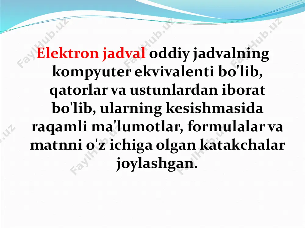 varaqlar olishi mumkin. excelning standart versiyasida 3 ta ish varag’i mavjud. ustun - jadvalning bitta vertikal qatorida joylashgan barcha katakchalar. ustun sarlavhalari lotin alifbosi harflari bilan beriladi, avval a dan z gacha, keyin aa dan az gacha, ba dan bz gacha va hokazo. qator - bir xil gorizontal darajada joylashgan barcha hujayralar. qator sarlavhalari 1 dan 65,536 gacha bo'lgan butun sonlar sifatida ifodalanadi. katak - ustun va satr kesishmasida joylashgan elektron jadvalning asosiy ob'ekti. yacheykaning manzili uning jadvaldagi joylashuviga qarab belgilanadi va u joylashgan chorrahadagi ustun va satr sarlavhalaridan tuziladi. avval ustun sarlavhasi, keyin qator raqami yoziladi. masalan: a3, d6, a9 va hokazo. yacheykaga ma'lumot (matn, raqam, formula) kiritilganda faol deyiladi. katak diapazoni - bu bitta katak, qator (yoki uning bir qismi), ustun (yoki uning qismi) yoki jadvalning to'rtburchaklar maydonini qoplaydigan hujayralar to'plamidan iborat bo'lishi mumkin bo'lgan qo'shni hujayralar guruhi. hujayra diapazoni uning birinchi va oxirgi katakchalarining manzillarini ikki nuqta …