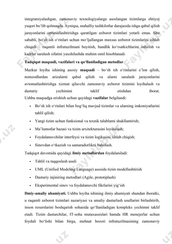 qilish va foydalanuvchilarga yetkazib berish vazifalarini bajaruvchi texnik, dasturiy va insoniy resurslarning integratsiyalashgan majmuasi tushuniladi. axborot tizimlari haqida ko‘plab olimlar turlicha ta’riflar bergan. masalan, amerikalik tadqiqotchi kennet laudon (k.laudon) axborot tizimini “tashkilot ichida yoki tashqarisida faoliyat yurituvchi odamlar, jarayonlar va texnologiyalar majmuasi bo‘lib, bu tizimlar foydalanuvchilarga qaror qabul qilishda yordam beruvchi axborotlar bilan ta’minlaydi”, deb ta’riflaydi. shuningdek, b. a. tuzovning ta’kidlashicha, axborot tizimi bu – real obyektlar (ishlab chiqarish, xizmat ko‘rsatish, boshqaruv va h.k.) faoliyatini qo‘llab-quvvatlash va boshqarish uchun mo‘ljallangan sun’iy muhitdir. axborot tizimlarining asosiy komponentlari har qanday axborot tizimi quyidagi asosiy komponentlardan iborat bo‘ladi: · axborot resurslari (ma’lumotlar, ma’lumotlar bazalari) · texnik vositalar (kompyuterlar, serverlar, tarmoq uskunalari) · dasturiy vositalar (operatsion tizimlar, maxsus ilovalar) · foydalanuvchi interfeysi (inson va tizim o‘rtasidagi aloqa muhitlari) · tashkiliy va boshqaruv resurslari (foydalanuvchi huquqlari, siyosatlar, tartiblar) axborot tizimlarining turlari axborot tizimlari ularning maqsadi, faoliyat sohasi va foydalanuvchi auditoriyasiga qarab bir nechta asosiy turlarga …