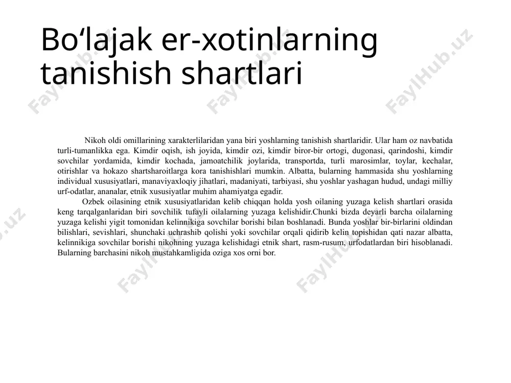 ng sababi bo�lib hisoblanadi. bizlar boshqa odamlar bilan bo�ladigan o�zaro munosabatlarimizda nima uchundir, o�zimizning fikr-o�ylarimiz, niyatlarimiz suhbatdoshimizga ayon deb hisoblaymiz. bundan tashqari hamma odamlar ham bolaligidan boshqa odamlarning emotsional holatlarini his qilish,ularni ko�rish, ular bilan hisoblashish, ularni tushunishga intilishga o�rgatilavermaydi. shuning uchun ham ko�pchilik holatlarda hatto bir-biriga eng yaqin, bir-biriga zid manfaatlarga ega bo�lmagan odamlar ham hayotda bir-biriga noxushliklarni yetkazishi mumkin. albatta, bu ishlarni ular bir-birlariga yomonlik, yovuzlik qilish niyatida, yoki o�zlari yovuz odamlar bo�lganliklari uchun emas, balki, shunchaki bir-birini tushunmaganliklari «nima qilayotganliklarini bilmaganliklari» uchun sodir etadilar. shunga o�xshash holatlar odamlarning o�zaro munosabatlari, muloqotlarida o�ziga xos to�siq vazifasini bajaradi. internet orqali yyoshlarning tanishuvi... ommaviy axborot vositalari orqali teleko�rsatuvlar, radioeshittirishlar orqali yoshlarni oilaviy hayotga tayyorlash borasida berilayotgan materiallarda, oilaviy hayotni bir yoqlama, faqat ijobiy tomondan talqin qilish hollari ham ko�p kuzatiladi. bu kabi holatlar ham yoshlarda oilaviy hayot haqidagi tasavvurlarning noto�g�ri shakllanishiga sabab bo�lishi mumkin.ko�pchilik yoshlarimiz, ayniqsa muvaffaqiyatli oilalarda tarbiya topgan …