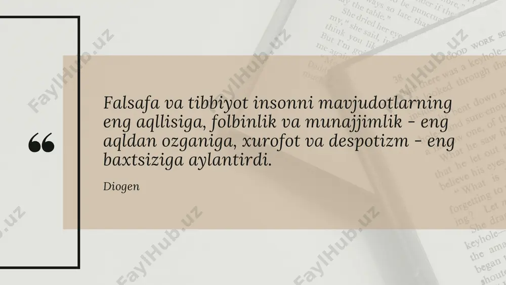 z/encyclopedia/g/gnoseologiya/ https://qomus.info/oz/encyclopedia/m/metafizika/ https://qomus.info/oz/encyclopedia/h/huquq/ https://qomus.info/oz/encyclopedia/t/tarix/ https://qomus.info/oz/encyclopedia/m/madaniyat/ https://qomus.info/oz/encyclopedia/s/siyosat/ https://qomus.info/oz/encyclopedia/d/din/ https://qomus.info/oz/encyclopedia/p/psixologiya/ https://qomus.info/oz/encyclopedia/z/zamon/ https://qomus.info/oz/encyclopedia/k/kibernetika/ https://qomus.info/oz/encyclopedia/b/bor/ https://qomus.info/oz/encyclopedia/x/xitoy/ https://qomus.info/oz/encyclopedia/h/hind/ https://qomus.info/oz/encyclopedia/y/yevropa/ https://qomus.info/oz/encyclopedia/h/hinduiylik/ https://qomus.info/oz/encyclopedia/x/xristianlik/ https://qomus.info/oz/encyclopedia/i/islom/ falsafaning oqimlari va falsafa maktablari falsafa tarixidagi falsafiy maktab va oqimlar oʻzlari ilgari surayotgan falsafiy gʻoyaning mazmuniga qarab quyidagi yoʻnalishlarga boʻlinadi: empirizm va ratsionalizm, nominalizm va realizm, materializm va idealizm, skeptitsizm va antiskeptitsizm, agnostitsizm va antiagnostitsizm, dogmatizm va relyativizm kabilar. hozirgi davrda respublika faylasuflari oldida ijtimoiy voqelikning qonuniyatlarini tadqiq etish, mamlakatning istiqboli uchun xizmat qiluvchi gʻoyaviy zaminni yaratishdek muhim vazifalar turibdi. oʻzbekistonda falsafa boʻyicha i. t. lar oliy oʻquv yurtlari f. kafedralarida, falsafa va hukuq institutida olib boriladi. oʻzmuda falsafa fakulteta mavjud. respublikada oʻzbekiston faylasuflari milliy jamiyati faoliyat koʻrsatmokda. falsafaga oid i. t. lar «oʻzbekistonda ijtimoiy fanlar» (oʻzbekiston fa nashri), «falsafa va huquq» (oʻzbekiston fa falsafa va huquq inti, oʻzbekiston faylasuflari milliy jamiyatining nashri), «tafakkur» jur. larida chop etiladhoz. davrda respublika faylasuflari oldida ijtimoiy voqelikning qonuniyatlarini tadqiq etish, mamlakatning istiqboli uchun xizmat qiluvchi …