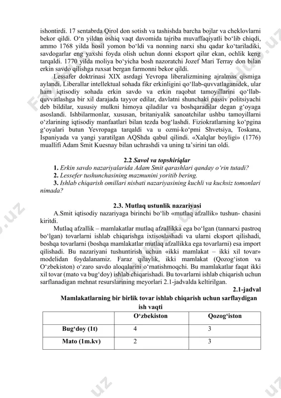 tashqi savdo milliy bozorlarni boshqa mamlakatlar hisobiga kengaytirish orqali mehnat unumdorligining o‘sishini ta’minlaydi; ■ eksport mamlakat iqtisodiyoti uchun ijobiy omil hisoblanadi, chunki u ichki bozorda sotilmagan ortiqcha mahsulotlarni xorijga sotish imkonini beradi; ■ eksport subsidiyalari ichki soliqlar hisobidan moliyalashtiriladi va ichki narxlarning oshishiga olib keladi. shuning uchun ularni bekor qilishi kerak. lessafer atamasi taxminan 1681 yil fransiyaning kuchli moliya bosh boshqaruvchisi jan-batist kolbert va m. le jendre boshchiligidagi fransuz ishbilarmonlari guruhi o‘rtasida bo‘lib o‘tgan uchrashuvda paydo bo‘lgan. gournay fransiyadagi savdoga qo‘yilgan cheklovlarni olib tashlash va sanoatni tartibga solishni qizg‘in qo‘llab-quvvatladi. kolbert le-gendre nazariyasidan mamnun, u buni o‘zi uchun kattaroq maksimal darajaga solib qo‘ydi: «lessafer et laissez passer» («qo‘y va o‘tkazib yuborsin»). uning shiori ham uzunroq «lessafer et laissez passer, le monde va de lui meme!» («qilaylik va o‘taylik, dunyo o‘z-o‘zidan davom etmoqda!»). garchi gournay o‘zining iqtisodiy siyosat g‘oyalari to‘g‘risida hech qanday yozma risolalar qoldirmagan bo‘lsa-da, u o‘zining zamondoshlariga, xususan, ham …