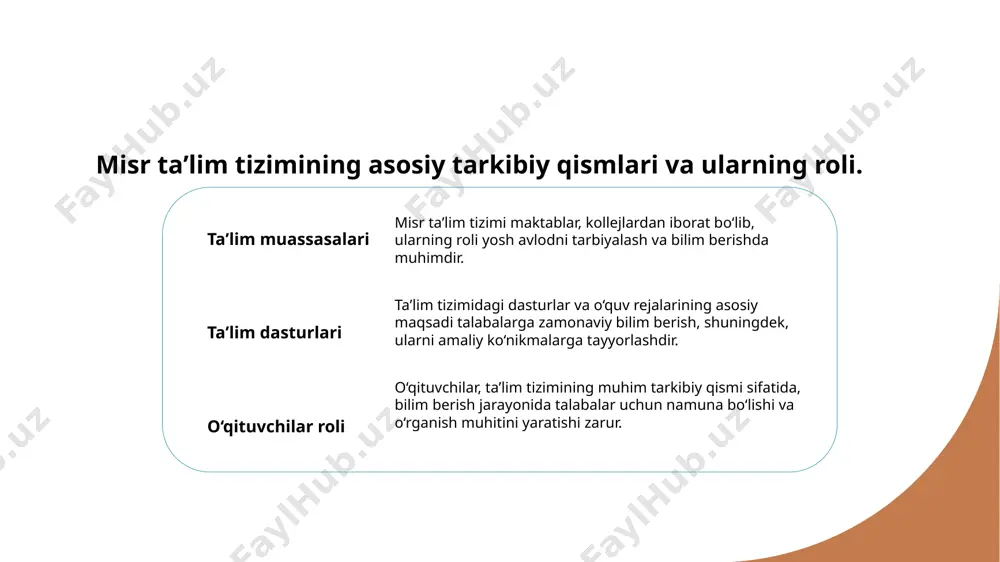 mi misr taʼlim tizimi qadimgi davrlardan boshlab, diniy va siyosiy omillar taʼsirida rivojlangan. bu tizim ko'plab o'zgarishlarni boshdan kechirdi. 2 asosiy bosqichlar misr taʼlim tizimining asosiy bosqichlari, qadimiy maktablar, islomiy taʼlim va zamonaviy universitetlarning tashkil etilishi bilan belgilangan. har biri o'ziga xos rol o'ynadi. 3 o'zgarishlar jarayoni taʼlim tizimidagi o'zgarishlar, 19-asrda g'arbiy taʼlim usullarini qabul qilishdan boshlab, zamonaviy innovatsiyalarni kiritishgacha davom etmoqda. bu jarayon jadal davom etmoqda. zamonaviy muammolar: misrda taʼlim tizimining dolzarb muammolari va yechimlari. taʼlim resurslari oʼqituvchilar malakasi ijtimoiy tengsizlik misrda taʼlim resurslari etishmovchiligi muammosi mavjud. maktablar va universitetlar zamonaviy texnologiyalar bilan taʼminlanmagan, bu esa taʼlim sifatiga salbiy taʼsir qiladi. oʼqituvchilarning malakasi va tajribasi taʼlim tizimining muhim jihatlaridan biridir. koʼp oʼqituvchilar zamonaviy pedagogik yondashuvlardan foydalanmaydi, bu esa oʼquvchilarning muvaffaqiyatiga toʼsiq bo'ladi. ijtimoiy tengsizlik taʼlim imkoniyatlarini cheklaydi. qishloq joylarida yashovchi talabalar shaharliklariga qaraganda kamroq imkoniyatlarga ega, bu esa taʼlim sifatida farqlanishlarga olib keladi. tarixiy taʼsirlar: misr taʼlim tizimiga taʼsir …