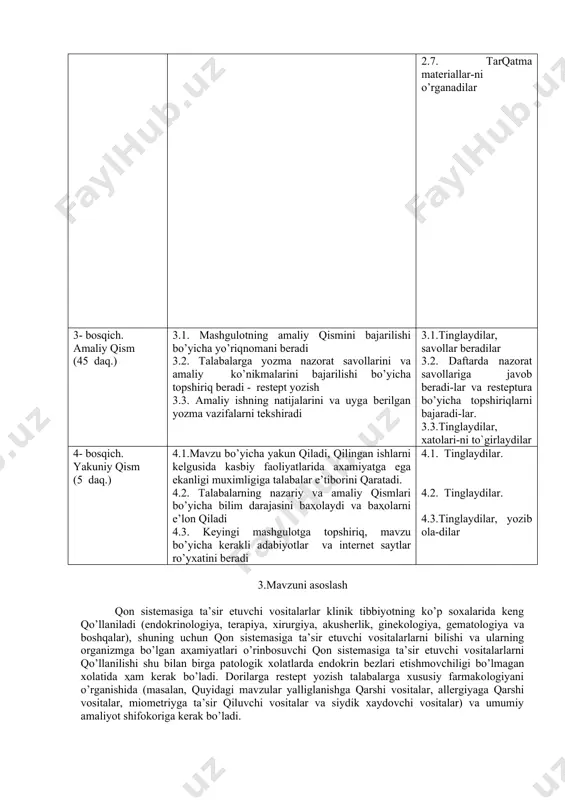 okoriga kerak bo’ladi. 4. fanlararo va fan ichidagi bogliqlik shu mavzudagi o`qitish talabalarni qon sistemasiga ta’sir etuvchi vositalarlarning bioximiyasi, anatomiya, gistologiya, endokrin sistemalarining, normal va patologik fiziologiyasi bilimida asoslanadi. dars davomida olingan bilimlar endokrinologiya, terapiya, xirurgiya, akusherlik, ginekologiya, gematologiya, oftalmologiya va boshqa klinik yo’nalishlarda va shu bilan birga xususiy farmakologiyadagi yalliglanishga qarshi, allergiyaga qarshi, miometriyga ta’sir qiluvchi, siydik xaydovchi dori vositalari o’rganganda kerak bo’ladi. 5. nazariy qismi 5.1. nazorat uchun savollar 1. gipoxrom anemiyani davolashda qanday vositalar qo’llaniladi? 2. stiankobalamin uchun qanday effektlar xos? 3. folat kislotasining anemiyaga ta’sir mexanizmi qanday? 4. leykopeniyaning engil formalarida qanday dori vositalari samalarli? 5. leykopoezni susaytiruvchi vositalarni qo’llashga ko’rsatmalar? 6. qanday xolatlarda eritropoezni susaytiruvchi vositalar qo’llaniladi? 7. temir preparatlarini uzoq vaqt qo’llanilganda qanday nojo’ya ta’sirlar yuzaga kelishi mumkin? 8. kobalt preparatlarini eritropoezga ta’sirini tushuntiring? 9. leykopoezni ragbatlantirish uchun qanday vositalar qo’llaniladi? 10. trombozlarni profilaktikasi va davolashda kaysi preparatlar ishlatiladi? 11. geparinning farmakodinamikasi kanday izoxlanadi? …