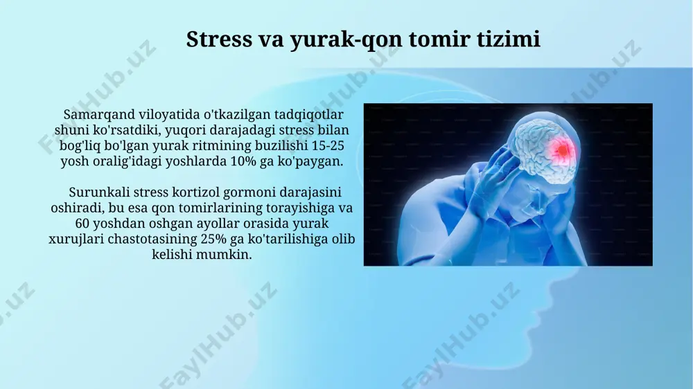 albiy voqealarga nisbatan musbat fikrlashning 15% ga oshishi kuzatilgan. kognitiv qayta baholash texnikasi, 2010 yildan buyon aqshning 50 dan ortiq davlatida qo'llanilib, stress darajasini o'rtacha 2 ballga kamaytirganligini ko'rsatuvchi statistik ma'lumotlar mavjud. meditatsiya va stress hindistonning rishikesh shahridagi yoga va meditatsiya markazida o'tkazilgan 10 yillik kuzatuvlar shuni ko'rsatdiki, meditatsiya amaliyoti bilan shug'ullanuvchilarning 75%ida ruhiy charchash darajasi sezilarli darajada kamaygan. tibbiyot fanlari nomzodi, toshkentlik olimlar guruhi tomonidan o'tkazilgan tadqiqotda 50 nafar ishtirokchidan 80%ida muntazam meditatsiya yordamida qon bosimini 10 mm hg ga pasaytirish kuzatilgan. xulq-atvor terapiyasi xulq-atvor terapiyasi, 1950-yillarda aqshda paydo bo'lib, insonning xatti-harakatlarini o'zgartirish orqali 30 dan ortiq turdagi ruhiy kasalliklarni davolashda samarali qo'llaniladi. xulq-atvor terapiyasining asosiy usullaridan biri bo'lgan eksponensial terapiya, fobiyalarni davolashda 90% ga yaqin muvaffaqiyat ko'rsatkichiga ega bo'lib, toshkentdagi klinikalarda keng qo'llaniladi. stressning fiziologik ta'siri stress inson tanasida 10 dan ortiq gormonlarning, shu jumladan kortizolning, sekresiyasini oshirish orqali fiziologik ta'sir ko'rsatib, qon bosimini 20-30 mm hg ga …