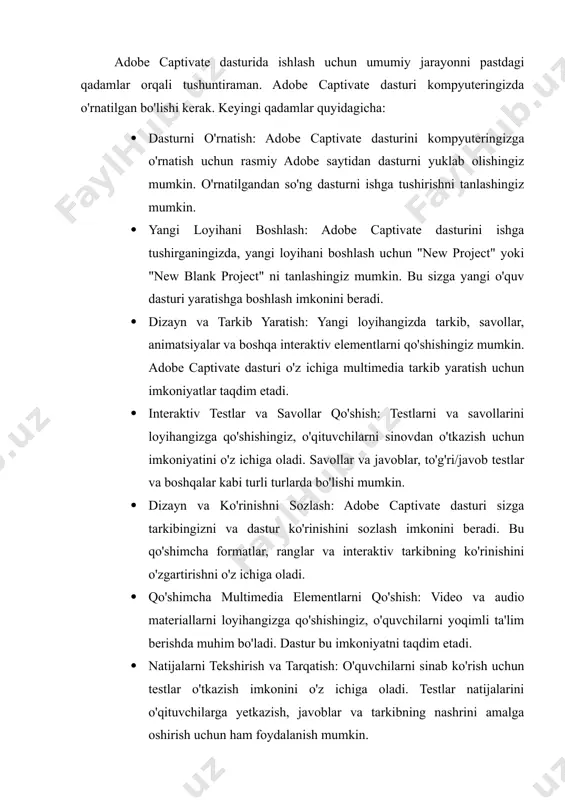 uteringizga o'rnatish uchun rasmiy adobe saytidan dasturni yuklab olishingiz mumkin. o'rnatilgandan so'ng dasturni ishga tushirishni tanlashingiz mumkin. · yangi loyihani boshlash: adobe captivate dasturini ishga tushirganingizda, yangi loyihani boshlash uchun "new project" yoki "new blank project" ni tanlashingiz mumkin. bu sizga yangi o'quv dasturi yaratishga boshlash imkonini beradi. · dizayn va tarkib yaratish: yangi loyihangizda tarkib, savollar, animatsiyalar va boshqa interaktiv elementlarni qo'shishingiz mumkin. adobe captivate dasturi o'z ichiga multimedia tarkib yaratish uchun imkoniyatlar taqdim etadi. · interaktiv testlar va savollar qo'shish: testlarni va savollarini loyihangizga qo'shishingiz, o'qituvchilarni sinovdan o'tkazish uchun imkoniyatini o'z ichiga oladi. savollar va javoblar, to'g'ri/javob testlar va boshqalar kabi turli turlarda bo'lishi mumkin. · dizayn va ko'rinishni sozlash: adobe captivate dasturi sizga tarkibingizni va dastur ko'rinishini sozlash imkonini beradi. bu qo'shimcha formatlar, ranglar va interaktiv tarkibning ko'rinishini o'zgartirishni o'z ichiga oladi. · qo'shimcha multimedia elementlarni qo'shish: video va audio materiallarni loyihangizga qo'shishingiz, o'quvchilarni yoqimli ta'lim berishda …