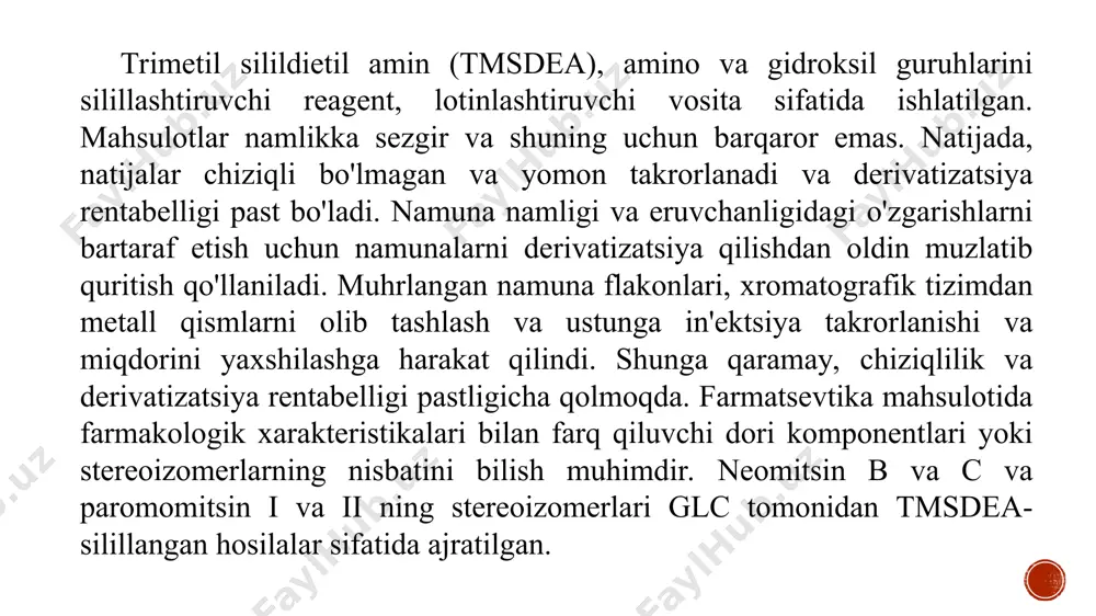 i qo'llaniladi. mobil faza metanol-sirka kislotasidan iborat. dibekatsin, sisomisin, tobramitsin va gentamitsinning 4 ta komponentini bir xromatografik jarayonda ajratish mumkin. gentamitsin komponentlari c2 va c2a stereoizomerlari bir-biridan ajratilgan holda c1, c1a, c2a va c2 tartibida elute qilinadi. mobil fazada metanol ulushini kamaytirish orqali ko'proq qutbli aminoglikozidlar amikasin va neaminni ajratish mumkin. netilmitsin metanolning ko'proq qismini talab qiladi. har bir aminoglikozid uchun boshqalardan biri ichki standart sifatida ishlatilgan. gentamitsin komponentlarini ajratish farmatsevtik preparatlar, farmakokinetika va toksikologik tadqiqotlar sifatini nazorat qilishda qiziqish uyg'otadi. gentamitsin komponentlari derivatizatsiya va ajralish sharoitlariga qarab teskari fazali ustunlarda 1-5 cho'qqigacha ajralishi mumkin. gentamitsin benzol-sulfonilxlorid (bsc) bilan hosil qilinganda, hosilalar bitta cho'qqi sifatida elutsiyalanadi. dansil xlorid yoki fdnb derivatizatsiyasidan so'ng, gentamitsin 2 ta alohida cho'qqiga aylanadi. dansil va dinitrofenil hosilalarining elutsiya tartibi o'xshash, ammo komponentlarning ajralishi har xil. gentamitsin tarkibiy qismlarining saqlanishi gentamitsin tarkibidagi metil guruhlari soni bilan ortadi deb taxmin qilinadi. dansil hosilalari sifatida gentamitsinlar c1a va …