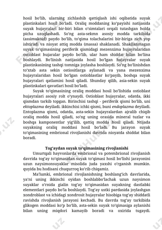 kmn asosiy modda tarkibida (assimukoid) paydo bo’lib, to’qima tolachalarini bir-biriga zich yop ishtiradi va nioyat attiq modda (massa) shaklanadi. shakllanmagan suyak to’qimasining periferik qismidagi mezenxima hujayralaridan ostioblast hujaralar paydo bo’lib, ular ham shiddat bilan bo’lina boshlaydi. bo’linish natijasida hosil bo’lgan hujayralar suyak plastinkasining tashqi tomniga joylasha boshlaydi. so’ng bo’linishdan to’xtab asta sekin ostiositlarga aylanadi va yana mezenxima hujayralaridan hosil bo’lgan ostioblastlar ko’payib, boshqa suyak hujayralari qatlamini hosil qiladi. shunday qilib, asia-sekin suyak plastinkalari qavatlari hosil bo’ladi. suyak to’qimasining oraliq moddasi hosil bo’lishida ostioblast hujayralari asosiy rolt o’ynaydi. ostioblast hujayralar, odatda, ikki qismdan tarkib topgan. birinchisi tashqi - periferik qismi bo’lib, uni ektoplazma deyiladi. ikkinchisi ichki qismi, buni endoplazma deyiladi. entoplazma qismi, odatda, asta-sekin hujayralardan ajralib chiqib oraliq modda hosil qiladi, so’ng uning orasida mineral tuzlar va boshqa kamponentlar yig’ilib, qattiq modda hosil qiladi. ntijada suyakning oraliq moddasi hosil bo’ladi. bu jarayon suyak to’qimasining embrional rivojlanishi davrida nioyatda shiddat bilan boradi. …