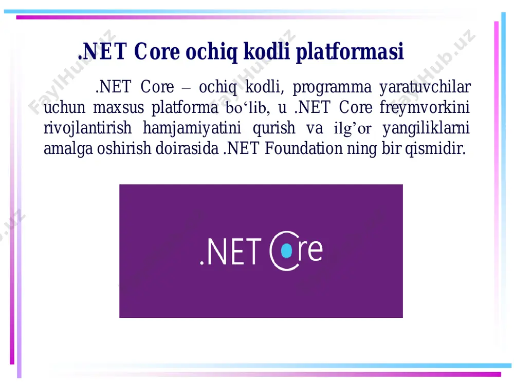 gan mahsulot platforma hamkorlik orqali takomillashishda davom etmoqda, chunki y .net hamjamiyati, microsoft va github tomonidan qo'llab-quvvatlib kelmoqda. ishlab chiquvchi sifatida kod bilan ishlash va oʻz fikr-mulohazangizni bildirish orqali siz dotnet core kelajagi va rivojlanishiga ta’sir oʻtkazish imkoniyatiga egasiz. dotnet core ning asosiy xususiyatlari .net core ga asosiy xizmatlarni, jumladan, tiplar sistemasi, axlat yigʻuvchi, ichki boshqa oby’ektlar bilan ishlash va yigish va boshqa xizmatlarni net runtime taqdim qiladi. “dotnet” dastur xosti .net core dasturlarni bajarish muhitini tanlaydi va uni ishga tushiradi va natijada .net core ilovalarini ishga tushirish uchun imkon tug’iladi. ilovalarni yaratish jarayonida siz .net core sdk (software development kit – dasturlarni rivojlantirish uskunalari) orqali dotnet core ga kirish huquqiga ega boʻlasiz. u ilova yoki kutubxona yaratish uchun kerak boʻlgan barcha narsalarni – .net core buyruq qatori vositalari, .net core va dotnet drayverini oʻz ichiga oladi. ilovalarni tarqatishda .net core muhitini o‘rnatish .net core-ning muhim xususiyatlaridan biri bu moslashuvchan …