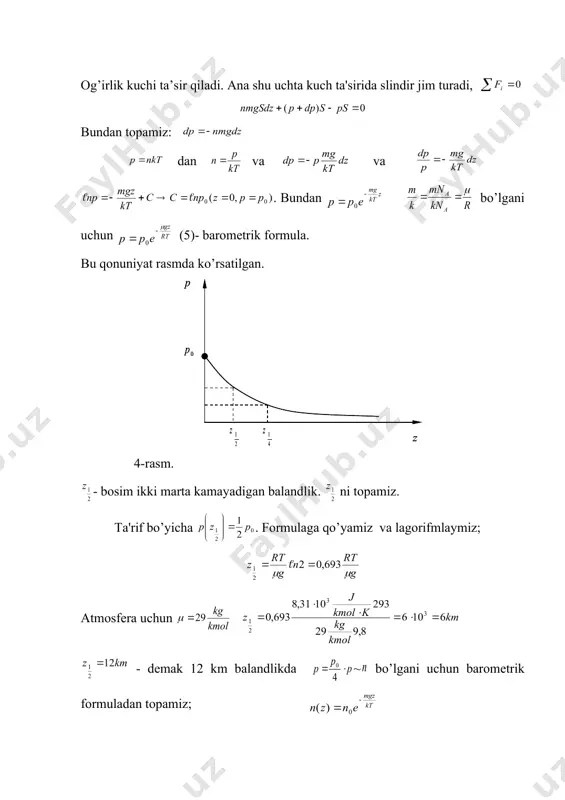 gaz molеkulalari tеzligining absolyut qiymatlari bo’yicha taqsimoti. maksvеll taqsimoti. baromеtrik formula. boltsman taqsimoti - Page 5