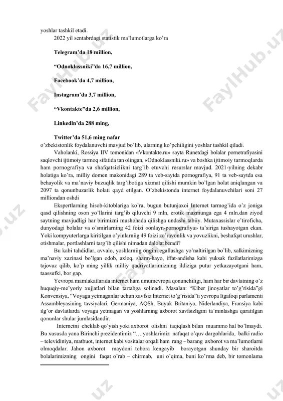 tarmoqlardan foydalanadi. mamlakatda foydalanuvchilar tomonidan eng ko’p instagram ijtimoiy tarmog’idan foydalaniladi. hozirgi kunda ushbu tarmoqdan foydalanuvchilar soni 4,8 milliondan ortiq. ularning 34,4 foiz qismi ayollar, asosiy qismi yoshlarni (18-35 yosh) tashkil etadi. 2011 yili appsoreda piktaboo nomli ilova paydo bo’ldi ko’p otmay ilovaning nomi snapchatga o’zgardi. 2016 yili esa jonli muloqotni yo’qtiradigan foydalanuvchilar uchun bigolive ilovasi ishga tushuriladi 2016 yilga qadar hech qaysi dasturchi instagramdan qiziqarliroq sayt yoki ilovani taqdim eta olmadi. lekin 2016 yili bu hatoni xitoylik dasturchilarning douyin ilovasi to’girladi. ushbu ilova insonlarga o’zining fikrlarini qisqa 1daqiqalik video orqali etkazishga imkon berardi. 1 yil o’tib ilovani yuklab olganlar soni 10 mlndan ordi. shundan song dasturchilar ilovaning nomini tik tokga almashtirdi . ayni vaqtda 1 yilda tiktokga 1mlddan ortiq video yuklanar ekan. ayni vaqtda esa yuzlab nomdagi ishtimoiy tarmoqlar mavjud bo’lib ular bizga birgina xabar almashish emas balki ko’plab imkoniyatlarni beradi . mo’jizakor axborot vositalaridan zararli maqsadlarda foydalanish, farzandlarimizning …