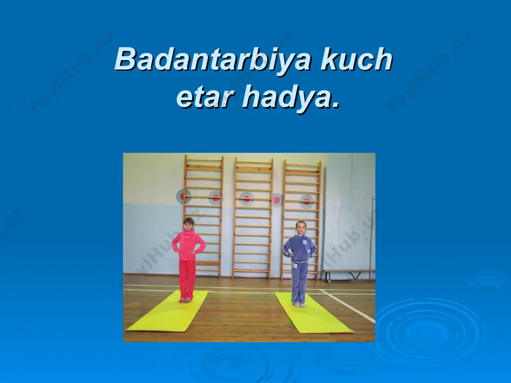 ga, qo`llar bosh orqasida. o`tirib qo`llar ikki yonga va d.h. 6. «chang`i uchish» d.h. – tik turgan holda qo`llar orqa tomonga. chap oyoqda yarim o`tirish,rost oyoq ozgina orqaga va d.h. shu holat chap oyoqda. 7. «sakra» d.h. qo`llar belda sakrab qo`llar yonga oyoqlar keng ochilgan va yana qayta sakrab birinchi holatga qaytamiz-d.h. 8. «saldatcha yurish» qo`l birin ketin orqa va oldinga,oyoqlar shaxdam qadamlar bilan turgan joyda harakatlanadi. 9. nafas olishni yaxshilovchi mashq nafas olib chaqarish jarayonida ari kabi “z-z-z-” tovushini taxlid qiling. e`tiboringiz uchun raxmat! doimo sog` bo`ling!!!