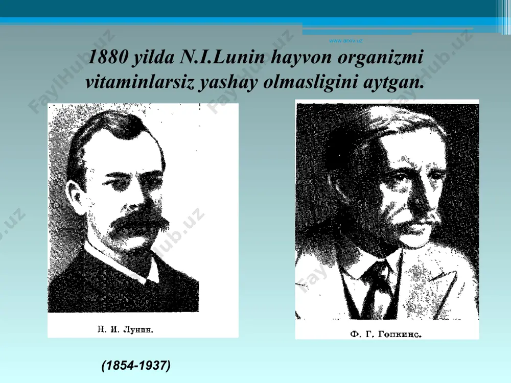 учрайди. ўнгга бурувчи изомерининг биологик таъсири анча кучсиз. www.arxiv.uz www.arxiv.uz suvda eruvchi vitaminlar saqlovchi dorivor o’simliklar tahlili askorbin kislotani sifat rеaktsiyasi yordamida aniqlash etilatsеtat - konts. sirka kislotaning 80:20 2,6-dixlorfеnolindofе-nolyat natriyning suvdagi 0,04% li (yoki 0,001n) eritmasi purkaladi. www.arxiv.uz www.arxiv.uz yog’larda eriydigan vitaminlar vitamin a faqat hayvonlarda bo’ladi, o’simliklarda esa hayvon organizmida parchalanib, vitamin a ga aylanadigan birikmalar (provitamin a) karotinlar saqlanadi. karotinlar har xil bo’lib kimyoviy tomonidan bir-biriga yaqin bo’ladi. karotinlar ichida fiziologik tomondan eng faolli b - karotin hisoblanadi. www.arxiv.uz www.arxiv.uz 1881 yilda vakenroder karotinni sabzidan ajratib olgan. 1906 yilda vilshtetter β-karotinni kimyoviy tuzilishini aniqladi. www.arxiv.uz www.arxiv.uz karotin 3 ta izomer holatida uchraydi: l,β,γ. www.arxiv.uz www.arxiv.uz vitamin d егgocalciferolum –vit d2 ноlaecalciferolum - vit d3 bu moddalar baliq moyi, sariyog’,jigar, o’simlik moylarida uchraydi ergocalciferol va holecalciferol – rangsiz, hidsiz kristall kukun. suvda erimaydi. efir, spirt va hloroformda oson eriydi, optik faol . yorug’lik nuri va havo kislorodi ta’sirida …