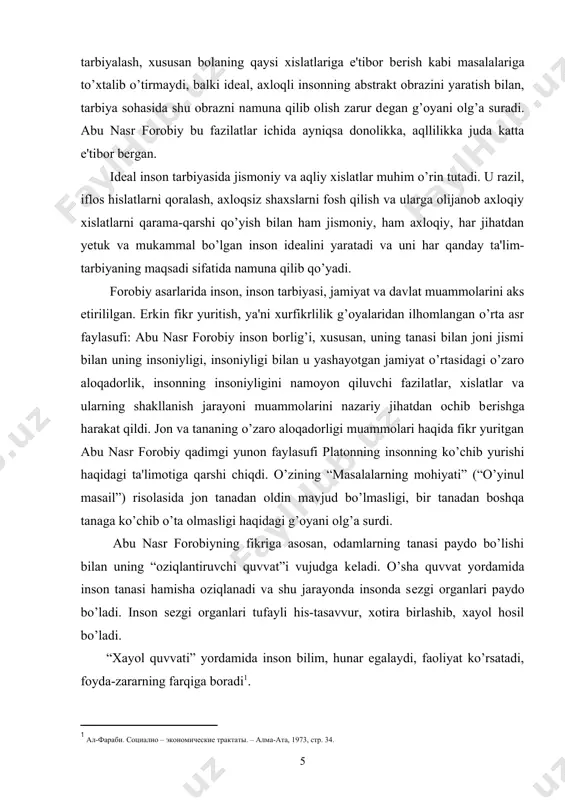 di, foyda-zararning farqiga boradi . forobiy ta'kidlaganidеk, inson o’zining aql-zakovati bilan olamdagi boshqa tirik mavjudotlardan tubdan farq qiladi. undagi aql-zakovat (“aqliy quvvat”) borliqning turli-tuman ko’rinishlarining aksidir. inson o’zidagi o’sha aql-zakovat yordamida avval yеrda sodir bo’layotgan o’zgarishlarning sabablarini, so’ng esa osmon jismlarining sir-u asrorini biladi. insonning olam to’g’risidagi to’plagan bilimlari, ya'ni hayotligida yaratgan ma'naviy boyliklari hеch qachon yo’q bo’lib kеtmaydi, balki “dunyoviy aql”ni tashkil etadi. inson aqli olam sirlarini bilishda eng yuksak cho’qqiga ko’tarilganda, “dunyoviy aql”, “dunyoviy ruh” bilan qo’shiladi. o’z navbatida, har bir kishining joni va aqli, ya'ni “individual aql” va “individual jon”ning paydo bo’lishida, “dunyoviy ruh”, “dunyoviy aql” hal qiluvchi rol o’ynaydi . forobiyning tushuntirishicha, “dunyoviy ruh”, “dunyoviy aql”, “individual jon”, “individual aql” paydo bo’lishi va rivojlanishining sababchisidir. “individual jon”, “individual aql” inson tanasining o’limi, yo’q bo’lishi bilan qo’yolib kеtmaydi, balki “dunyoviy ruh”, “dunyoviy aql” ga qo’shiladi. insonning joni va aqli abadiylikka kеtadi, biroq hеch qachon qaytib kеlmaydi, qayta …