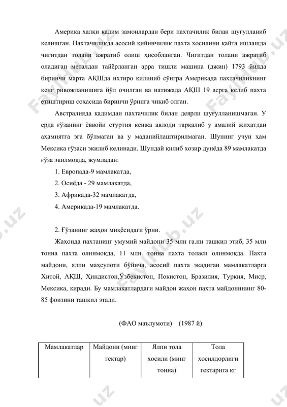 солида ҳам кўришимиз мумкин. вилоятимиз шароитида энг кам пахта етиштирилган даврлардан бири 1925 йил ҳисобланса, ўша йили 5,7 минг гектар майдонга ғўза экилиб, ҳар гектаридан 2,2 центнер ҳосил олиниб, ялпи ҳосил 1285 тоннани ташкил этган эди. ҳозирги пайтда вилоятимизда 130 минг гектарга ғўза экилиб 400 минг тонна атрофида ялпи ҳосил олинмоқда ва хосилдорлик эса 30 центнер атрофида ташкил этмоқда. вилоятимизда етиштирилаётган пахтанинг ялпи миқдори қуйидаги мамлакатларда бирга қўшиб хисобланганда етиштирилаётган пахтанинг янги хосилидан ошиб кетди: 1. австралия 2. адан 3. ироқ 4. корея 5. исроил 6. бирма 7. кения 8. албания 9. италия. 10. югославия 11. болгария 12. парагвай 13. марказий африка республикаси 14. жанубий африка республикаси 15. чад республикаси. адабиётлар: 1. каримов и. а. «кишлок хужалик тараккиёти тукин хаёт манбаи» олий мажлиснинг 10-сессиясида сузлаган нутки. тошкент 1997 й.- 2. отабоева. х. ва бошкалар. «усимликшунослик». тошкент. мехнат. 2000 й. 3. ёрматова д. «усимликшунослик» тошкент шарк 2007 й. 4. е. т. …