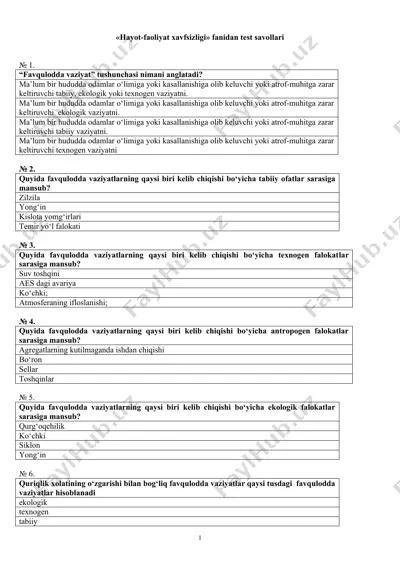 hayot-faoliyat xavfsizligi fanidan test savollari — DOC