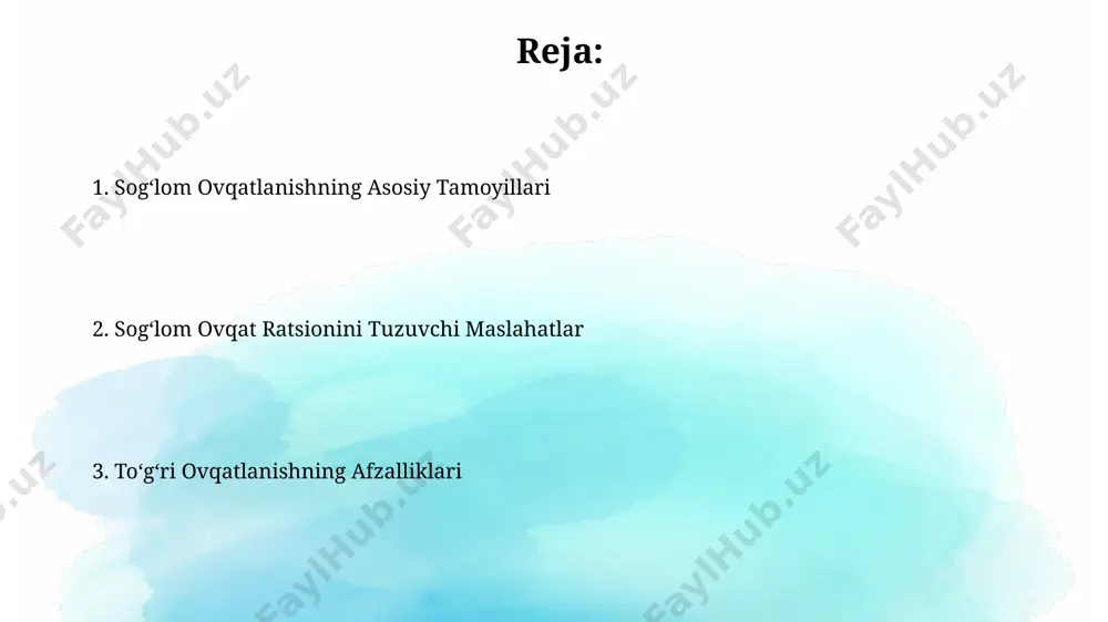 di. zararli ovqatlar zararli ovqatlar tarkibida yuqori miqdorda, 50 grammdan ortiq to'yingan yog'lar bo'lishi, yurak-qon tomir kasalliklari xavfini sezilarli darajada oshiradi. shakarli gazlangan ichimliklarning muntazam iste'moli, kuniga 2 dan ortiq, tishlarning emaliga zarar yetkazib, karies rivojlanishiga olib keladi. oqsil manbalari sut mahsulotlari, yong'oq va urug'lar kabi oqsil manbalari kaltsiy, magniy va sink kabi muhim minerallar bilan boyitilgan. tovuq ko'kraklari, baliq va loviya kabi kam yog'li oqsil manbalari yurak-qon tomir salomatligini yaxshilashga yordam beradi, chunki ularda to'yingan yog'lar kam. yog'lar va ularning turlari yogurtlarning 2 asosiy turi mavjud: qattiq va suyuq, ularning yog' miqdori 0,1% dan 20% gacha farq qiladi, bu esa kaloriyalar miqdorini va to'yimli xususiyatlarini belgilaydi. probiotik bakteriyalar, masalan, lactobacillus va bifidobacterium turlari, turli yogurtlarda har xil miqdorda bo'ladi, bu esa ichak salomatligiga ta'sirini farq qilishiga olib keladi. sog'lom ovqatlanish rejasi sog'lom ovqatlanish rejasi haftada kamida 2-3 marta yog'siz go'sht, baliq yoki loviya kabi oqsil manbalarini iste'mol qilishni tavsiya …