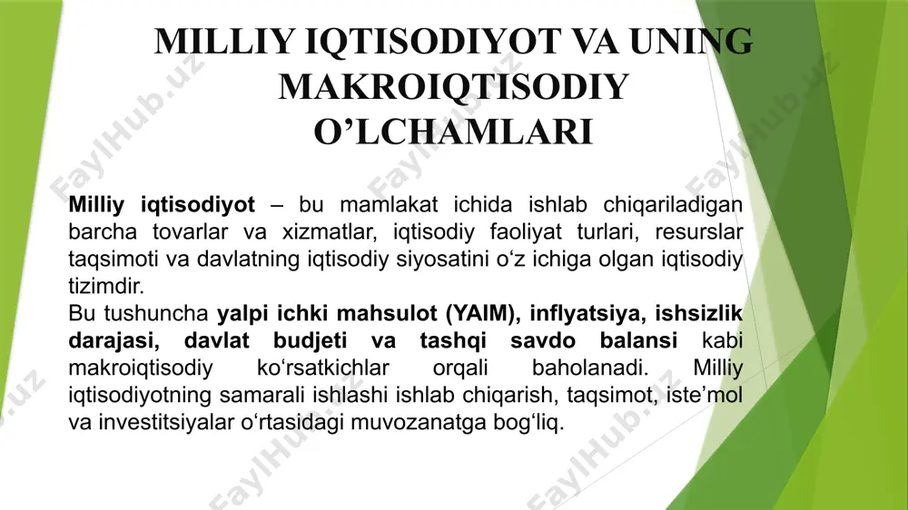 ylik ko‘pgina mamlakatlar, jumladan, o‘zbekiston ham tabiiy resurslarga boy. xususan: gaz va neft sanoati rangli metallar (oltin, mis, uran) paxta va qishloq xo‘jaligi mahsulotlari bular eksport orqali milliy iqtisodiyotga daromad olib keladi. ✅ ishchi kuchining ko‘pligi va yosh aholining ustunligi aholining yosh bo‘lishi mehnat bozorida muhim rol o‘ynaydi. yosh ishchi kuchi iqtisodiy rivojlanish uchun asosiy kapital hisoblanadi. ✅ davlat tomonidan amalga oshirilayotgan iqtisodiy islohotlar davlat xususiy sektorni rivojlantirish, investitsiyalarni jalb qilish va soliq yuklamalarini kamaytirish bo‘yicha faol harakat qilmoqda. bu tadbirkorlik muhitini yaxshilaydi va iqtisodiy faollikni oshiradi. ✅ hududiy va xalqaro iqtisodiy hamkorlik o‘zbekiston, qozog‘iston, rossiya va xitoy bilan iqtisodiy aloqalarni rivojlantirib, xalqaro savdoda o‘z pozitsiyasini mustahkamlashga harakat qilmoqda. erkin savdo bitimlari iqtisodiy o‘sishga turtki beradi. 2. zaif tomonlar (weaknesses) – milliy iqtisodiyotning kamchiliklari ❌ sanoat va iqtisodiyotning diversifikatsiyasining yetarli emasligi ko‘plab mamlakatlarning iqtisodiyoti xomashyo eksportiga bog‘liq. masalan, gaz, neft yoki paxtaga qaram bo‘lish mamlakat iqtisodiyotini beqaror qiladi, chunki global …
