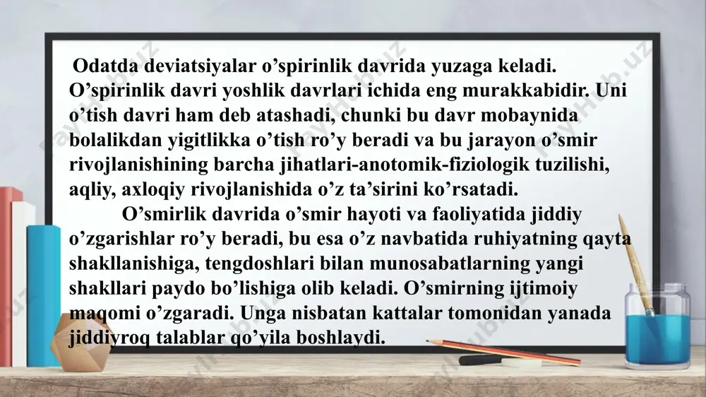 huvi. 3. ijtimoiy-pedagogik omillar 4. ijtimoiy-iqtisodiy omillar ijtimoiy tengsizlik, jamiyatning boylar va kambag’allarga sinflashishi, axoli ko’p qismining kambag‘allashib ketishi, ishsizlik, inflyatsiya, daromad olish usullarining cheklab qo’yilishidan iborat. 5. axloqiy omillar bir tomondan zamonaviy jamiyatning past axloqiy darajasida, qadriyatlarning yo‘qolib ketishida namoyon bo‘lsa, boshqa tomondan esa jamiyatning deviant xulq-atvorning namoyon bo‘lishiga befarq qarashida o‘z aksini topadi. bostirish mexanizmi o’smirlar deviant xulq-atvorining profilaktikasi. o’smirlik yoshida deviatsiya namoyon bo’lishining tinimisiz oshib borishi ijtimoiy pedagog oldida bu o’smirlar bilan ishlashning yangi usullari, texnologiyalarini izlash va ularga tadbiq etish vazifasini qo’yadi. ilmiy nazariy va amaliyotda ikki asosiy texnologiya-profilaktika va reabilitatsiya keng tarqalgan. profilaktika-o’smirlar xulq-atvorida ijtimoiy normalardan og’ishning turli shakllarini keltirib chiqaruvchi asosiy sabab va sharoitlarni bartaraf etishga qaratilga ijtimoiy, tibbiy, tashkiliy, tarbiyaviy va davlat tadbirlarining majmuasidir. u asosan bolani o’rab turuvchi muhitga bog’liq bo’ladi. 3.deviant xulq-atvorli bolalar bilan ijtimoiy-pedagogik amaliyot yuritish. profilaktika chora-tadbirlarini amalga oshirayotganda ijtimoiy pelagog quyidagi qoidalarga suyanadi: 1. ijtimoiy madaniy normani o’zlashtirish …