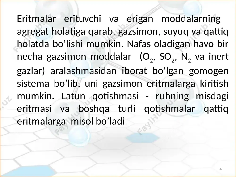 eruvchanlik koeffitsiyentiga ko‘ra moddalar 3 ga bo‘linadi 1. yaxshi eriydigan s>10g 2. oz eriydigan s=0,001-10g 3. erimaydigan s<0,001g 20 moddalarning erishi eritmalar erigan moddaning eruvchanlik koeffitsiyentiga nisbatan 3 ga bo‘linadi. 1. to‘yinmagan 2. to‘yingan 3. o‘ta to‘yingan eritmalar 21 moddalarning erishi eritmalar konsentratsiyasini aniq ifodalash uchun quyidagi konsentratsiya birliklaridan foydalaniladi: foiz konsentratsiya, massa ulush- 𝜔 [%]; molyar konsentratsiya – cm, [m; mol/l]; normal konsentratsiya – cn, [n; mol-ekv/l]; titr - t [g/ml]; molyal konsentratsiya – cm, [mol/kg] mol qismi – x. 22 eritma konsentratsiyasini ifodalash usullari 100g eritmada erigan modda massasiga eritmaning massa ulushi deyiladi va ω harfi bilan belgilanadi [%] da ifodalanadi. 23 eritma konsentratsiyasini ifodalash usullari ω - ? a 1 litr eritmada erigan moddaning mollar soniga eritmaning molyar konsentratsiyasi deyiladi va cm harfi bilan belgilanadi. cm== [m; mol/l] 24 eritma konsentratsiyasini ifodalash usullari 1litreritmada erigan moddaning gramm ekvivalentlar soni bilan ifodalanishiga eritmaning normal konsentratsiyas ideyiladiva cn bilan …