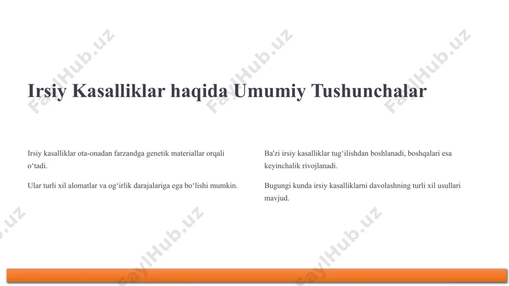 h, boshqalarning buyumlari bilan o'rtoqlashmaslik 3 xavo olish xonani muntazam ravishda shamollatish 16 saraton va gematologik kasalliklarning turlari va klinik ko‘rinishlari saraton turlari leykemiya, limfoma, miya o‘smasi, suyak saratoni, buyrak saratoni va boshqalar. gematologik kasalliklar gemofiliya, talassemiya, anemiya va boshqa qon kasalliklari. 17 saraton va gematologik kasalliklarda davolash usullari kimyoterapiya saraton hujayralarining o‘sishini to‘xtatish uchun dori-darmonlarni qo‘llash. radiatsion terapiya yuqori energiyali nurlanish yordamida saraton hujayralarini yo‘q qilish. jarrohlik o‘smani jarrohlik yo‘li bilan olib tashlash. suyak iligi transplantatsiyasi sog‘lom suyak iligi hujayralarini kasal hujayralarni almashtirish uchun qo‘llash. 18 saraton va gematologik kasalliklarda davolash usullari kimyoterapiya saraton hujayralarining o‘sishini to‘xtatish uchun dori-darmonlarni qo‘llash. radiatsion terapiya yuqori energiyali nurlanish yordamida saraton hujayralarini yo‘q qilish. jarrohlik o‘smani jarrohlik yo‘li bilan olib tashlash. suyak iligi transplantatsiyasi sog‘lom suyak iligi hujayralarini kasal hujayralarni almashtirish uchun qo‘llash. 19 bolalarda saraton va gematologik kasalliklarda qo‘llaniladigan dori-darmonlar kimyoterapiya vincristin, doxorubicin, methotrexate gematologik kasalliklar faktor viii, alfa-talassemiya terapiyasi 20 kasal …