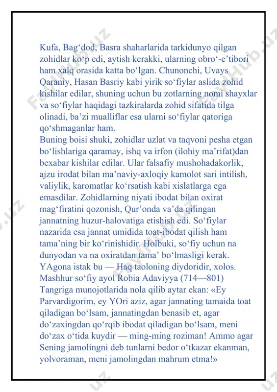 , «muttasuf», «mutasavvif» so‘zlari hosil bo‘lgan. mustasuf o‘zini so‘fiylarga o‘xshatib, taqlid qilib yuradigan, ammo asl maqsadi amal-mansab, molu mulkka intilishdan iborat bo‘lgan kishilarga nisbatan ishlatilgan so‘z bo‘lsa, mutassuf tariqat va haqiqatda muayyan manzillarni egallagan, biroq so‘fiy darajasiga ko‘tarila olmagan kishidir. qalban so‘fiyona g‘oyalarga moyil, tasavvufni e’tiqod — maslak qilib olgan, lekin tariqat amaliyotini o‘tamagan, rasman so‘fiy bo‘lmagan odamlar esa mutasavvif hisoblanganlar. husayn voiz koshifiy “futuvvatnomai sultoniy” nomli asarida (a.qodiriy nomidagi xalq merosi nashriyoti, 1994. tarjima bizniki.-n.k.) so‘fiylarning o‘zini ham uch guruhga ajratgan: muoshirlar, mutarassimlar, muhaqqiqlar. muoshirlar — tariqat ahlining muxlislari. ular darveshlarga muhabbat bilan qaraydilar, darveshlar suhbatida ishtirok etadilar, ularning xizmatlarini bajaradilar va savobga o‘zlarini sherik deb biladilar. “mutarassim” so‘zining ma’nosi rasmu rusumga ergashuvchi demak, ammo mutarassimlar darveshlarning odatlariga zohiran taqlid qilsalar-da, botinan hol talabgoridirlar va shu toifaga ixloslari tufayli ilohiy fayzdan bahramanddirlar. avvalo, shuni ta’kidlash kerakki, chin so‘fiy o‘zlikdan hamda foniy dunyodan voz kechgan va haq baqosida o‘zligini qayta …