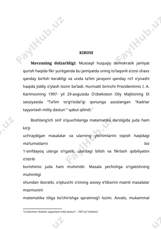 1. boshlang’ich sinflarda zamonaviy texnologiyalar asosida matematika darslarini tashkil etishning mavjud holatini o’rganish . 2. matematika darslarida zamonaviy pedagogik texnologiyalarni tashkil etishning ob’yektiv va sub’yektiv omillarni aniqlash . 3. boshlang’ich sinflarda matematika darslarini zamonaviy texnologiyalar asosida tashkil etishga xizmat qiluvchi maqbul shakl, metod va vositalarni belgilash. 4. boshlang’ich sinf matematika darslarida bolalarni tenglama tuzib masala yechishga o’rgatish kurs ishining obyekti: umumiy o’rta ta’lim maktablarining boshlang`ich sinf matematika darslaridagi o’qitish jarayoni. umumta’lim maktablarining boshlang`ich sinf matematika darslarida masalalar haqidagi tushunchalarni shakllantirish mazmuni, usullari va samarali vositalari. kurs ishining tuzilishi: kurs ishi kirish, 2 bob 4 paragrf, xulosa va foydalanilgan adabiyotlar ro’yhatlaridan iborat. i bob. boshlang’ich sinf o’quvchilarini masalalar yechishga o’rgatish metodikasining umumiy masalalari 1.1. matematik masalalar va ularning turlari matematik masalalar sodda va tarkibli masalalarga ajratiladi. sodda masalalar bitta amal bilan yechish mumkin bo’lgan masalalar jumlasiga kiritiladi. bir nechta sodda masaladan tuzilgan va shu sababli ikki yoki undan ortiq amal yordamida …
