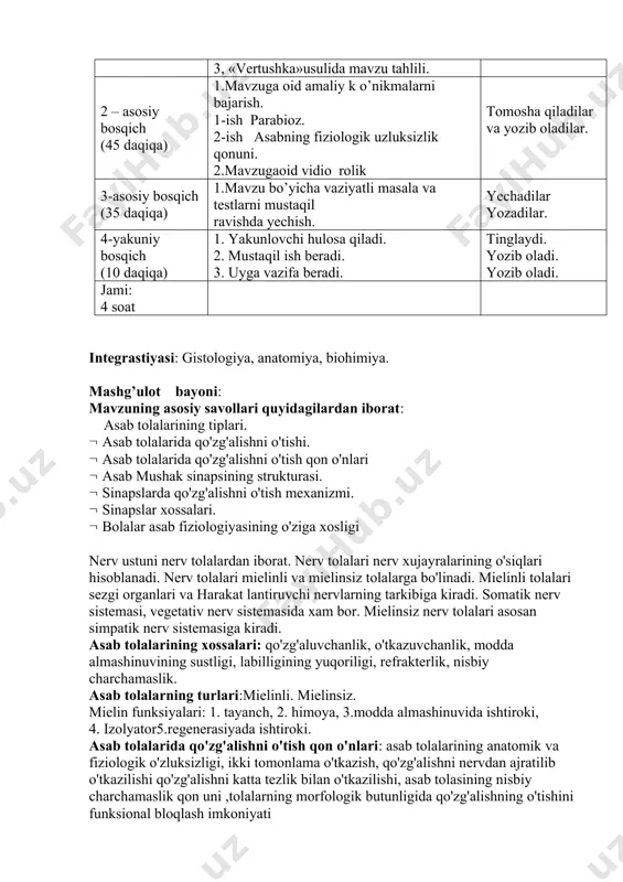 qiladilar va yozib oladilar. 3-asosiy bosqich (35 daqiqa) 1.mavzu bo’yicha vaziyatli masala va testlarni mustaqil ravishda yechish. yechadilar yozadilar. 4-yakuniy bosqich (10 daqiqa) 1. yakunlovchi hulosa qiladi. 2. mustaqil ish beradi. 3. uyga vazifa beradi. tinglaydi. yozib oladi. yozib oladi. jami: 4 soat integrastiyasi: gistologiya, anatomiya, biohimiya. mashg’ulot bayoni: mavzuning asosiy savollari quyidagilardan iborat: asab tolalarining tiplari. asab tolalarida qo'zg'alishni o'tishi. asab tolalarida qo'zg'alishni o'tish qon o'nlari asab mushak sinapsining strukturasi. sinapslarda qo'zg'alishni o'tish mexanizmi. sinapslar xossalari. bolalar asab fiziologiyasining o'ziga xosligi nerv ustuni nerv tolalardan iborat. nerv tolalari nerv xujayralarining o'siqlari hisoblanadi. nerv tolalari mielinli va mielinsiz tolalarga bo'linadi. mielinli tolalari sezgi organlari va harakat lantiruvchi nervlarning tarkibiga kiradi. somatik nerv sistemasi, vegetativ nerv sistemasida xam bor. mielinsiz nerv tolalari asosan simpatik nerv sistemasiga kiradi. asab tolalarining xossalari: qo'zg'aluvchanlik, o'tkazuvchanlik, modda almashinuvining sustligi, labilligining yuqoriligi, refrakterlik, nisbiy charchamaslik. asab tolalarning turlari:mielinli. mielinsiz. mielin funksiyalari: 1. tayanch, 2. himoya, 3.modda …