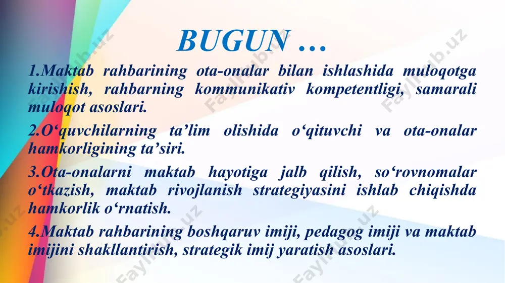 ligi va natijadorligini ta’minlash ota-onalarning farzandlar tarbiyasidagi o‘rni, majburiyati, mas’uliyatini mustahkamlashga ko‘maklashish ta’lim-tarbiya sifatini o‘rganish va ularni yanada takomillashtirishga oid tadbirlarni amalga oshirish ta’lim tizimidagi islohatlar haqida ota-onalar va keng jamoatchilikning uzviy ma’lumotga ega bo‘lishlarini ta’minlash manzilli profilaktik tadbirlarni amalga oshirish “oila-mahalla-ta’lim muassasasi” hamkorligi jamoat kengashi faoliyati jamoat kengashi tarkibini tuzish va tasdiqlash jamoat kengashi chora-tadbirlar rejasini ishlab chiqish va tasdiqlash jamoat kengashi yig‘ilishlarini o‘tkazish(har oyda bir marta) jamoa bo‘lishni g‘ozlardan o‘rganish zarur! maktab rahbarining ota-onalar bilan ishlashida muloqotga kirishish, rahbarning kommunikativ kompetentligi, samarali muloqot asoslari rahbarning kommunikativ kompetensiyasi kommunikativ kompetensiya - yetakchining harakatlari sifati, turli tashkilotlar, hokimiyat va boshqaruv, ularning vakillari bilan samarali o'zaro aloqani ta'minlash; muzokara qilish, amalga oshirish qobiliyati. aloqa kompetensiyasi - bu bir kishining boshqalar bilan muvaffaqiyatli muloqot qilish va o'zaro ta'sir o'tkazish ko'nikmalarining kombinatsiyasi. ushbu ko'nikmalar til savodxonligi, jamoat oldida nutq so'zlash va turli xil odamlar bilan aloqa qilish qobiliyatini o'z ichiga oladi. kommunikativ kompetensiya …