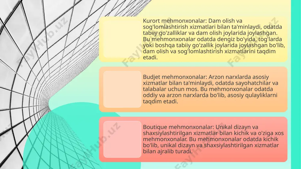 y mezonlar inobatga olinadi? a) mehmonxona joylashgan shahar aholisi soni b) mehmonxonaning yoshi c) mehmonxona ichidagi xonalar soni emas, balki balandligi d) yulduzlar soni va xizmat ko‘rsatish sifati 4. restoran biznesida xizmat ko‘rsatish jarayonining muhim elementi nima? a) restoran ichidagi mebel sifati b) faqat taomlarning narxi c) oshpazlar soni d) xodimlarning malakasi va mijozlarga munosabat 5. mehmonxona va restoran biznesida barqaror rivojlanish uchun qanday omillar muhim? a) innovatsiyalar va xizmat ko‘rsatish sifati b) faqat eski usullarni ishlatish c) yangi xizmatlarni kiritmaslik d) narxlarni doim oshirib borish javoblar: 1 - d 2 - c 3 - d 4 - d 5 - a e’tiboringiz uchun rahmat 15 image1.png image6.png image7.png image8.png image2.png image3.png image9.png image10.png image11.png image12.png image13.png image14.png image15.png image5.png