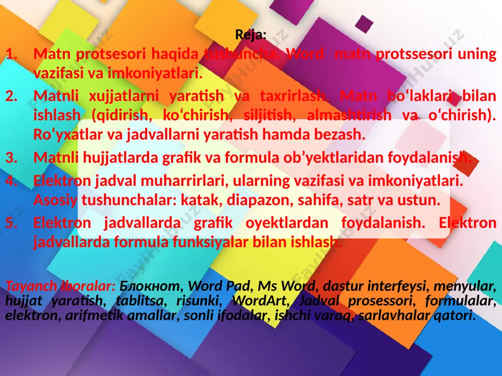 chap tugmasini 2 marta bosiladi. agar piktogramma ish stolida bo‘lmasa windowsning asosiy menyusidan pusk → все программы → microsoft office → word 2010 bandlari tanlanadi. ro‘yxat nima? ro'yxat - bu bitta raqamlash yoki belgilash bilan bog'langan bir nechta matn abzatslari. marker nima? marker - ro'yxatni formatlash uchun ishlatiladigan belgi. ro‘yxat turlari markerlangan belgilangan (markerlangan) ro'yxat - ketma-ketligi muhim bo'lmagan elementlarning tartibsiz ro'yxatlari raqamlangan raqamlangan ro'yxatlar tartib raqamlari ko'rsatilgan elementlar to'plamidir ko‘p darajali ko'p darajali ro'yxat - elementi ro'yxatning o’zida aks ettirilgan ro'yxat. rasmiy hujjatlar 10 ariza buyruq bildirgi vasiyatnoma ishonchnoma ma’lumotnoma xarakteristika tavsiyanoma axborot (raport) avtobiografiya tushuntirish xati hisobot ariza strukturasi ariza - bu aniq bir muassasa yoki mansabdor shaxs nomiga so‘rov, taklif, shikoyat va hokazolar tarzida yoziladigan rasmiy hujjat. shakl va figuralar yaratish оригинальные шаблоны для презентаций: https://presentation-creation.ru/powerpoint-templates.html бесплатно и без регистрации. 12 bugungi darsda: 4 smartart nima? 1 2 3 5 smartart obyektlari turlari. smartart ni tahrirlash. word …