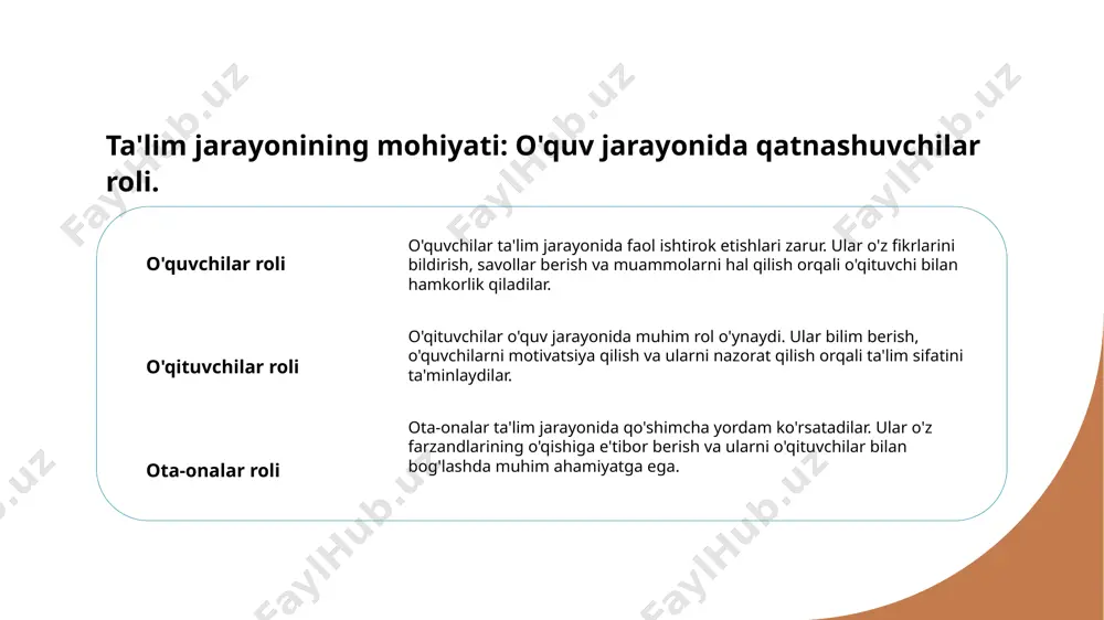 i oshirishga qaratilgan yangi strategiyalarni keltiradi. 3 innovatsion yondashuvlar innovatsion metodologik yondashuvlar ta'lim tizimida kreativ fikrlashni rag'batlantiradi, o'quvchilarning mustaqil fikrlash qobiliyatini rivojlantirishga xizmat qiladi. xulosa 01 ta'lim jarayonining mohiyati ta'lim jarayoni o'quvchilarning rivojlanishida muhim ahamiyatga ega. o'qituvchi va o'quvchilar o'rtasidagi o'zaro aloqalar ta'lim sifatini belgilaydi. 02 ta'lim strukturasining ahamiyati ta'lim jarayonining tuzilishi, asosiy elementlar va ularning o'zaro aloqalari ta'lim jarayonining samaradorligini oshiradi. har bir element o'z o'rnida muhimdir. 03 innovatsiyalar va tadqiqotlar o'zbek ta'lim tizimidagi innovatsiyalar va tadqiqotlar muammolarni hal etishda va ta'lim sifatini oshirishda katta rol o'ynaydi. ular zamonaviy ta'lim talablariga javob beradi. e'tiboringiz uchun rahmat! /docprops/thumbnail.jpeg