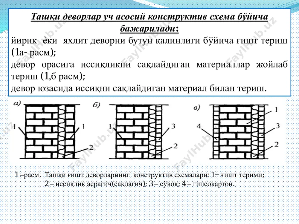 огик танаффусларга амал қилиш билан боғлиқ. навбатдаги қават каркасларини монтаж қилишга туташув жойлардаги, тугунлардаги ва қаватлар ора ѐпмалар чокларидаги бетон қоришмаси энг камида 70%, , ғишт теримида 50% лойихадаги мустахкамликка эришгандан сўнг рухсат этилади. ғиштли биноларни барпо этишни фақат оқим усулида, яъни бинони мехнат унумдорлиги бўйича бир хил бўлган қамровларга бўлинишини назарда тутадиган бир-, икки- ва учқамровли системаларда олиб бориш керак. ишларни ташкил этишнинг бир қамровли системаси билан асосан режада кичикроқ бир секцияли ва бир қаватли бинолар қурилишларда, бутун қават уч ярусга бўлиниб ғишт терилганида қўлланилади. бу системада ғишт теришни ва монтажни, монтажчи касбини ўзлаштирган ғишт терувчилар бажарадилар. ғишт териш ишлари бинони периметри бўйича ярус баландлигида смена охиригача тугатилиши керак. шу куни иккинчи сменада ѐрдамчи ишлар бажарилади: сўриларни ўрнатиш, сўриларга ғишт келтириш ва бошқа ишлар. уч кундан сўнг, яъни учинчи ярус ғиштлари териб бўлингандан сўнг, бригада 4...5 одамдан иборат монтаж звеноларга бўлинадилар, звенолар сонига қараб йиғма элементлар икки ѐки уч …