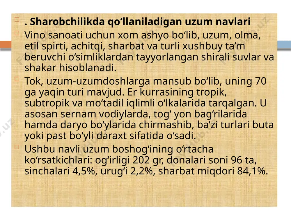 oddalar sharbatga oson difuziyalanadi. ekstraktiv moddalar bilan bir katorda sharbatga rang beruvchi moddalar xam utadi. mezgaga ferment kushib ishlov berish. xom ashyoga ferment qo‘shilganda mezgadagi oksil va polisaxaridning gidrolizlanishi tezlashadi, buning natijasida sharbatga ekstraktiv moddalarni o‘tishi osonlashadi, sharbatning ajralishi va uning miqdori ko‘payadi. ferment qo‘shilganda sharbatning miqdori 10-20% ga ortadi, sharbatning kovushkokligi kamayadi va uoson filьtrlanadi. +o‘shiladigan ferment preparatning miqdori mezga og‘irligining 0,0005-0,003% ni tashkil etadi va 1-10% li suspenziya xolatida qo‘shiladi. qo‘shilgan ferment 35-400s da o‘zining aktivligini namoyon etadi, shusababli xam mezga shu darajadagi tempiraturaga kadar isitiladi va 12-36 soat davomida saqlanadi. mezgaga ferment apparati kushib saqlash vaqtida uta oltingugurt oksididan xam 50-100mg/l miqdorda qo‘shiladi. bijg‘ish jarayoniga ta’sir etuvchi faktorlar. bijg‘ish jarayonining harorati, zichligi, tashki kurinishi xar doim kuzatib va nazorat kilib turiladi. sharbatning bijg‘ish vaqtida uning xajmi ortadi, ko‘p miqdorda so2 gazining ajralishi natijasida va issiklik ajralishi tufayli uning harorati oshadi. bijg‘ish jarayoni mikrobiologiya laboratoriyasida maxsus usulda tayyorlangan …
