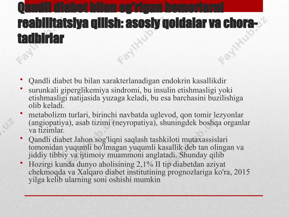 nda glyukoza miqdorini ushlab turishning asosiy printsiplari, insulin in'ektsiyasi usullari, glyukometrlar yoki vizual test chiziqlaridan foydalanish qoidalari, uglevod almashinuvining asosiy ko'rsatkichlari uchun qon sinovlarining chastotasi, shuningdek diabetning asoratlari belgilarini o'rganishni o'z ichiga oladi. qandli diabet uchun parhezning xususiyatlari quyidagilar: fraksiyonel ovqatlanish. kichik qismlar. kaloriya iste'moli: nonushta 20%, tushlik 30%, kechki ovqat 20%, uchta gazak, har 10%. proteinning fiziologik normasi. hayvonlarning yog'lari, xolesterin va natriy xloridning kamayishi. lipotrop mahsulotlarni kiritish: tofu, tvorog, jo'xori uni, yog'siz go'sht. sabzavot, rezavor meva va shakar o'rnini bosadigan moddalar etarli miqdorda bo'lganida, ular uglevodlarning umumiy normasida hisobga olinadi. qandli diabetda jismoniy mashqlar bilan davolashning asosiy davosi aerobik intensivlik zonasida tsiklik xarakterdagi jismoniy mashqlar ko'rinishidagi sog'lomlashtirish mashg'ulotidir. ammo bemorlarni reabilitatsiya qilishda, ayniqsa dastlabki bosqichlarda yoki mahalliy asoratlar mavjud bo'lganda, jismoniy mashqlar terapiyasining boshqa turlari ham qo'llaniladi: ertalabki gigienik gimnastika, gidrokinez terapiyasi va boshqalar. jismoniy faollikni qo'llagan bemorlarni qayta tiklashning asosiy vazifalari tana vaznini normal saqlash va 2-toifa …