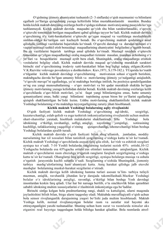 atrofdagi narsalarga qiziqish bilan qarayotganligi, ularni o‘rganishga intilayotgani bilan ham bog‘liqdir. bolaning jismoniy va psixik faolligi o‘zaro bog‘liqdir. chunki, psixik sog‘lom bola harakatchan bo‘ladi, charchagan, siqilgan bola esa deyarli hech narsa bilan qiziqmaydi. psixik faollik - bu normal rivojlanayotgan bolaning atrof olamdagi predmetlarni, insoniy munosabatlarni bilishga nisbatan qiziqishdir. psixik faollik deganda, bolani o‘zini bilishga nisbatan ehtiyoji ham tushuniladi. maktabga birinchi bor kelgan bolada qator qiyinchiliklar yuzaga keladi. ularning, avvalo, bir qancha maktab qoidalariga bo‘ysunishi qiyin kechadi. boshlang‘ich sinf o‘quvchisi uchun eng qiyin qoida bu dars vaqtida jim o‘tirishdir. o‘qituvchilar o‘quvchilarning doimo jim o‘tirishlariga harakat qilishadi, lekin kamharakatli, passiv, quvvati kam bo‘lgan o‘quvchigina dars jarayonida uzoq vaqt jim o‘tira oladi. birinchi sinfning birinchi kunlaridan boshlab bola engishi kerak bo‘lgan bir qancha qiyinchiliklarga uchraydi. bu qiyinchiliklar: maktab hayotini o‘zlashtirish, yangi kun tartibini yaratish va unga moslashish, u uchun yangi bo‘lgan sinf jamoasiga qo‘shilish, xatti-harakatlarini chegaralovchi qoidalarni qabul qilish, o‘qituvchi bilan munosabatlarni o‘rnatish, …