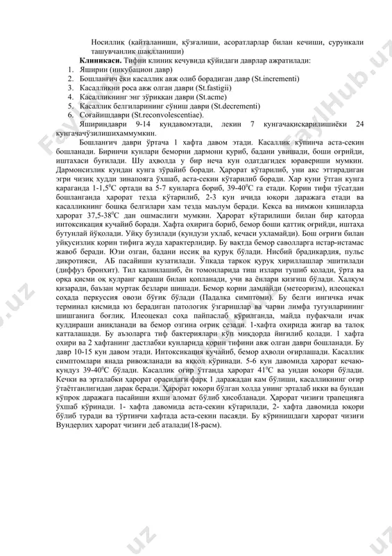 a olishiga bog'liq. bemor organizmida yuz beradigan xamma jarayonlar markaziy nerv sistemasining boshqaruvi va nazorati ostida sodir bo'ladi. demak bemorning oliy nerv faoliyatining holati uning ruhi va kayfiyati, atrofidagi muhit sharoitlari tifning klinik o'tishi va oqibatiga katta ta'sir qiladi. ba'zan organizmni bakteriyadan xolos bo'lish jarayoni oxirigacha bormasligi mumkin. bunda turli organlarda mustaxkam o'rnashib olgan tif bakteriyalari bemor sog'ayganidan so'ng ma'lum vaqt (1-2 xafta va ko'prok) o'tgach, yana qaytadan ko'payib, qonga tushadi va tifning qaytalanishiga sabab bo'ladi – tif retsidifi deb shuni aytiladi. patologik anatomiyasi. tif bakteriyasining endotoksini ta'siri natijasida xamma organlarda patologik o'zgarishlar yuz beradi. ingichka ichakning yo'g'on ichakka o'tish yo'lida o'ziga xos patomorfologik o'zgarishlar paydo bo'ladi. bu o'zgarishlarning avj olib borishini shartli ravishda 5 davrga bo'lish mumkin. birinchi davr – kasallikning taxminan birinchi haftasiga to'g'ri keladi. bunda solitar fallikulalar va peyer pilakchalari bo'rtib shishadi. ular kesib ko'rilganda, kulrang-qizil rangda bo'lib ko'rinadi va chaqaloq bosh miyasiga o'xshaydi. shuning uchun bu …