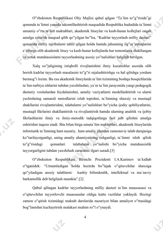 ivojlantirishni, talabalarni yo‟nalishlari bo‟yicha ijodiy qobiliyatlarini, mustaqil fikrlarini shakllantirish va rivojlantirish hamda ularning analitik va ijobiy fikrlashlarini ilmiy va ilmiy-metodik tadqiqotlarga faol jalb qilishni amalga oshirishni taqozo etadi. shu bilan birga umuta`lim maktablari, akademik litseylarida informatik ta`limning ham nazariy, ham amaliy jihatdan zamonaviy talab darajasiga ko‟tarilayotganligi, uning amaliy ahamiyatining oshganligi, ta`limni isloh qilish to‟g‟risidagi qonunlari talabalarni yo‟nalishi bo‟yicha mutahassislik tayyorgarligini tubdan yaxshilash zaruratini ilgari suradi.[3] o‟zbeksiton respublikasi birinchi prezidenti i.a.karimov ta`kidlab o‟tganidek: “umumlashgan holda hozirda bo‟lajak o‟qituvchilar shaxsiga qo‟yiladigan asosiy talablarni: kasbiy bilimdonlik, intellektual va ma`naviy barkamollik deb belgilash mumkin”.[2] qabul qilingan kadrlar tayyorlashning milliy dasturi ta`lim muassasasi va o‟qituvchilar tayyorlovchi muassasalar oldiga katta vazifalar yuklaydi. hozirgi zamon o‟qitish tizimidagi maktab darslarida nazariyot bilan amaliyot o‟rtasidagi bog‟lanishni kuchaytirish malakasi muhim ro‟l o‟ynaydi. keyingi o‟n yillar davomida o‟zbekiston respublikasi mustaqillikka erishgandan so‟ng ta`lim sohasida ham qator tub o‟zgarishlar amalga oshirilmoqda “ta`lim to‟g‟risida”gi qonun, “kadrlar tayyorlash milliy dasturi” akademik litsey va kasb-hunar …