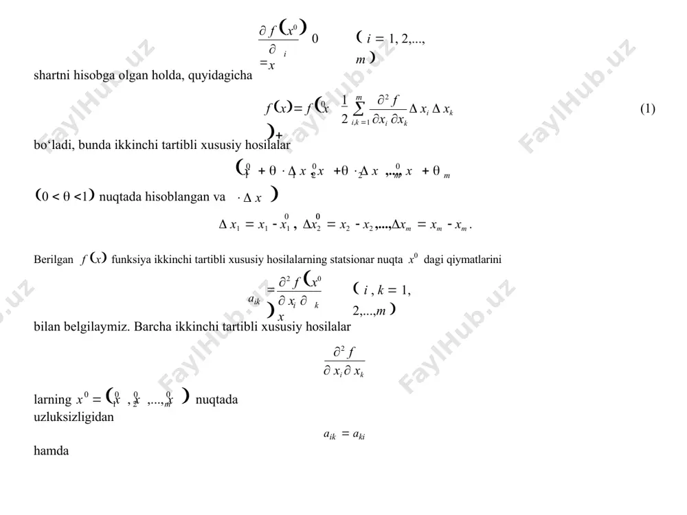 , y  da uzulksiz va uzluksiz f , f , f , f , f xususiy hosilalarga ega,  0 0 2) x0 , y0  statsionar nuqta: ' ' x 0 0 y 0 0 f x , y   0, f x , y   0 . bu f x funksiya uchun 20 da yuritilgan mulohazalarni qo‘llab  f x0 , y0   f x, y  f x0 , y0   2 11 12 22 11 12 22 2 1  a x  2 a x y  a y2   x2  2 x y   y2  (*) bo‘lishini topamiz, bunda '' '' '' '' 22 y2 yx 0 0 11 0 0 12 xy 0 0 x2 , a  f x , y   f x , y  , a  f x0 …