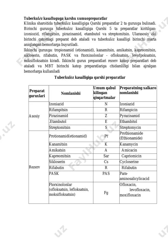 iy prinsiplari: 1) erma boshlash; 2) opmu.mal davomiylik va uzluksizlik; 3) dori vosimalarini kombinatsiyasini kullash; 4) komplekmlik; 5) davolashni nazoram kulish; tuberkulѐz kasalluguga karshu xumuopreparatlar klinika sharoitida tuberkulѐz kasalligiga qarshi preparatlar 2 ta guruxga bulinadi. birinchi guruxga tuberkulѐz kasalligiga qarshi 5 ta preparatlar kiritilgan: izoniozid, rifampitsin, pirazinamid, etambutol va streptomitsin. ularasosiy ѐki birinchi qatordagi preparat deb ataladi va tuberkulѐz kasalligi birinchi marta aniqlangan bemorlarga buyuriladi. ikkinchi guruxga: tropionamid (etionamid), kanamitsin, amikatsin, kapreomitsin, sikloserin, rifabutin, pask va ftorxinolonlar - ofloksatsin, levofpoksatsin, miksifloksatsin kiradi. ikkinchi gurux preparatlari rezerv katop preparatlari deb ataladi va mbt birinchi katop preparatlariga chidamliligi bilan ajralgan bemorlarga kullaniladi tuberkulѐz kasalligiga qarshi preparatlar preparat guruxlari nomlanishi umum qabul kilingan qisqartmalar preparatning xalkaro nomlanishi asosiy izoniazid n izoniazid rifampitsin r rifampicin pirazinamid z pyrazinamid .etambutol e ethambitol streptomitsin s streptomycin rezerv protionamid(etionamid) pt prothionamide (ethionamide) kanamitsin k kanamycin amikatsin a amicacin kapreomitsin sar capriomicin sikloserin cs cycloserine rifabutin r rifabutin …