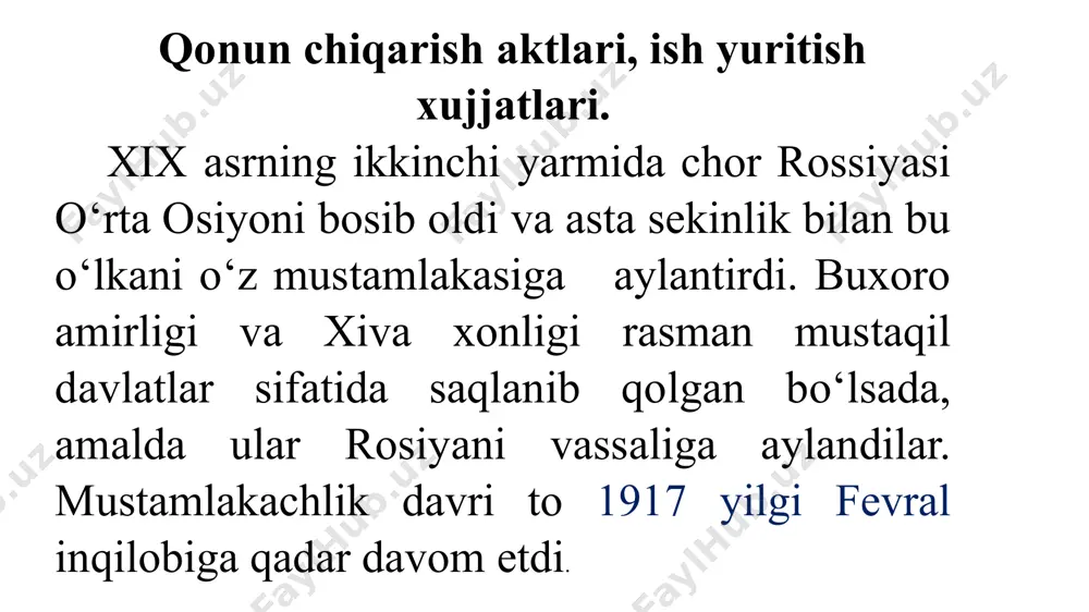aroitlarini tushinib etishda muxim axamiyatga egadirlar. statistik manbalar aloxida axamiyati shundaki, ular juda ko‘p asosan miqdoriy ma’lumotlarni o‘z ichiga oladi. bu davrga oid statistik ma’lumotlardan ilmiy maqsadda foydalanish qator qiyinchilik bilan bog‘liqdir. birinchidan, ayrim statistik xisobotlarda «sanoat», «ishlab chiqarish», «korxona» singari atamalarda yagona yondashuv yo‘q. ikkinchidan, statistik ma’lumotlar ba’zan bir yoki ikki viloyat miqyosida yig‘ilgan. lekin butun o‘lkani qamrab oluvchi ma’lumotlar uchraydi. uchinchidan, juda ko‘p statistik xisobotlarda bir xillilik xos emas. to‘rtinchidan, ayrim statistik ma’lumotlar ishonchli emas. bunday ma’lumotlardan foydalanish tanqidiy yondashuvni talab qiladi. 1898 yilgi andijon qo‘zg‘olonidan so‘ng, turkiston viloyatining gazeti duchki eshon shaxsiga salbiy baxo bergan, bir necha maqola bir she’rlar e’lon qildi. bu xolni mazkur gazeta mustamlakachi ma’murlarning pozitsiyasida turgani bilan izoxlash mumkin. demak, gazeta va jurnallar materialaridan foydalanilganda bu matbuot organlarining siyosiy pozitsiyasi va mafkuraviy yo‘nalishini e’tiborga olish zarur. shunday bo‘lsada, davriy matbuot saxifalarida e’lon qilingan materiallar muxim tarixiy manbalar qatoriga kiradi. mustamlakachilik davri tarixiga oid …