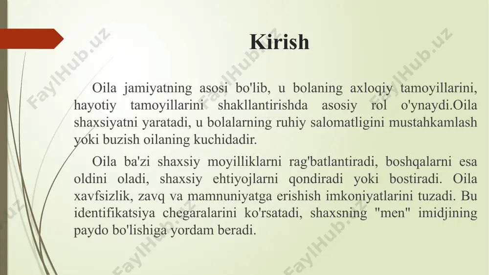 jlanadi. oila birinchi ta'lim muassasasi bo'lib, inson hayoti davomida u bilan bog'liqlikni his qiladi. aynan oilada inson odob-axloqining poydevori qo‘yiladi, xulq-atvor me’yorlari shakllanadi, bolaning ichki dunyosi, uning individual fazilatlari namoyon bo‘ladi.inson shaxs sifatida shakllangandagina jamiyat uchun qadriyatga ega bo‘ladi va uning shakllanishi maqsadli, tizimli ta’sir ko‘rsatishni talab qiladi. aynan oila o'zining doimiy va tabiiy ta'siri bilan bolaning xarakter xususiyatlarini, e'tiqodlarini, qarashlarini, dunyoqarashini shakllantirishga chaqiriladi. shuning uchun oilaning tarbiyaviy funktsiyasini asosiy vazifa sifatida taqsimlash ijtimoiy ma'noga ega. foydalanilgan adabiyotlar ro‘yxati i. manbalar o‘zbekiston respublikasining “ta’lim to‘g‘risida”gi qonuni / barkamol avlod –o‘zbekiston taraqqiyotining poydevori –t.: sharq nashriyot-matbaa konserni, 1997. 20-29 b. o‘zbekiston respublikasining “kadrlar tayyorlash milliy dasturi” barkamol avlod - o‘zbekiston taraqqiyotining poydevori.- t.: sharq nashriyot-matbaa konserni, 1997, 31-61-b. ii. adabiyotlar mavlonova r.,o`to`raeva,k.xoliqberdiev.pedagogika.-t.:"o`qituvchi", 2002. mavlonova r., b. normurodova, n. rahmonqulova, tarbiyaviy ishlar metodikasi.- t.:"tib-kitob", 2010. ortiqov n.o., jo’rayev a.j. maktab, oila va jamoatchilik hamkorligi kengashi. t.:“o’qituvchi”, 1989. m.imomova. oilada bolalarning ma‘naviy-axloqiy tarbiyasi. …