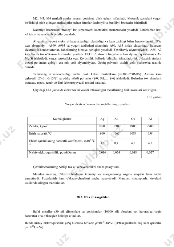 orodsiz mis - моо (02<0,02%) esa elektrovakuum asboblarda, svch - asbobida, mis “folgasi” yasash uchun ishlatiladi. м2, м3, м4 markali simlar asosan qotishma olish uchun ishlatiladi. mexanik xossalari yuqori bo‘lishligi talab qilingan mahsulotlar uchun latunlar, kadmiyli va berilliyli bronzalar ishlatiladi. kadmiyli bronzadan “trolley” lar, sirpanuvchi kontaktlar, membranalar yasaladi. latunlardan har- xil tok o‘tkazuvchanli detallar yasaladi. alyuminiy yuqori elektr o‘tkazuvchanligi, plastikligi va kam zichligi bilan harakterlanadi. o‘ta toza alyuminiy - a999, a995 va yuqori tozlikdagi alyuminiy a99, a95 ishlab chiqariladi. bulardan elektrolitik kondensatorlar, kabellarning himoya qobiqlari yasaladi. texnikaviy alyuminiydan - a85, a7 kabellar va tok o‘tkazuvchi shinalar yasaladi. elektr o‘zatuvchi liniyalar uchun alyumin qotishmasi - al- mg-si ishlatiladi, yuqori puxtalikka ega. ko‘pchilik hollarda bilitollar ishlatiladi, tok o‘tkazish simlari, o‘zagi po‘latdan qobig‘i esa mis yoki alyuminiydan. qobiq galvanik usulda yoki plakirovka usulida olinadi. temirning o‘tkazuvchanligi ancha past. lekin mustahkam (σ=300+700mpa). asosan kam uglerodli (с=0,1-0,15%) va oddiy sifatli po‘latlar (st0, st1,… st6) ishlatiladi. …