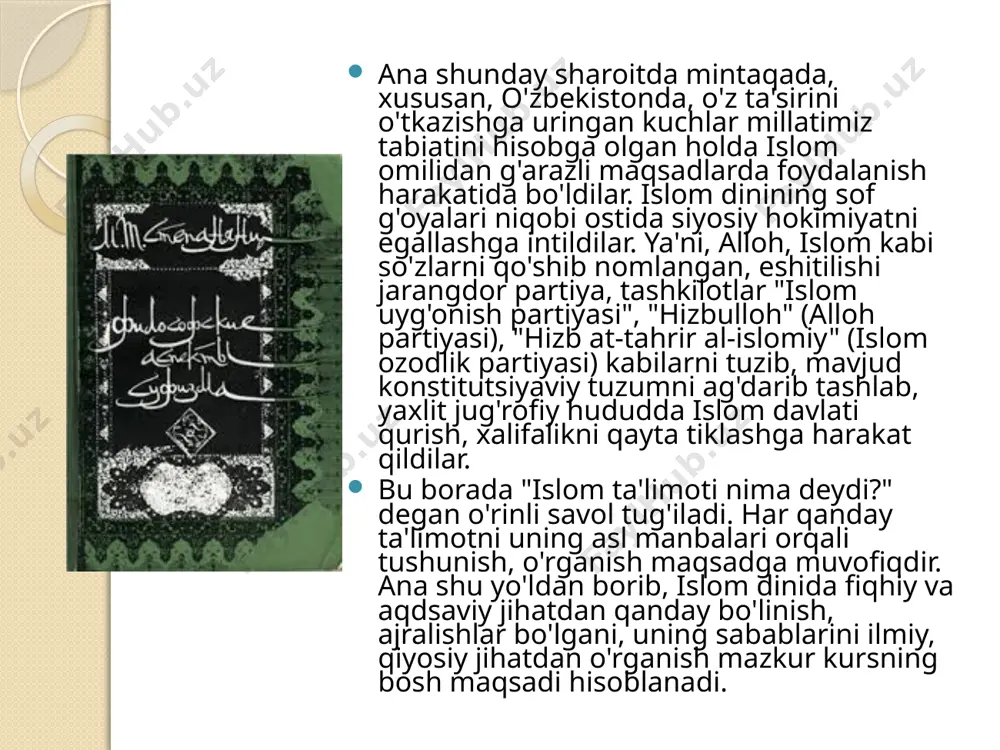 ishish yo’lidir. bu yo’l to’rt qismga ajratiladi: 1) shariat; 2) tariqat; 3) ma’rifat; 4) haqiqat. shariat ma’naviy komillikning ilk bosqichi hisoblanadi. unda asosiy islomiy talab va qoidalar o’rganilgan. «qur’on» va hadislardagi axloqiy-falsafiy, ilohiy ko’rsatmalarning mohiyati o’zlashtirilgan. oddiy so’fiy zohid shu bosqichdan yuqoriga ko’tarila olmagan. «tariqat» so’zining ma’nosi «yo’l» demakdir. bu yo’lda inson, ya’ni tasavvuf yo’liga kirgan kishi ruhiy-axloqiy kamolot manzillariga etishni maqsad qilib oladi. odatda, tariqat tasavvufning amaliy qismi xisoblanadi. bu bosqichda shu yo’lga kirgan shaxs (u solih deb ataladi)ning vazifalari, uning ustoz — pirga ergashish qoidalari va bir qadar axloq-odob me’yorlari haqida ma’lumotlar olinadi. tariqat, albatta, ustoz (pir, murshid) bilan birga egallanadigan bosqichdir. bunda solih o’z ixtiyori, irodasini pir qo’liga beradi. tariqatning irodat deyilishiga sabab ham shuvdadir. «ma’rifat» arabcha «arafa» so’zidan olingan, uning ma’nosi «bilmoq»dir. bunda darveshlik darajasiga etish, barcha azob-uqubatlarga toqat etish, pok xislatlarni izlash, ollohni tanish, shariat va tariqatning barcha shartlariga amal qilish, bu dunyodan yuz o’girish, …